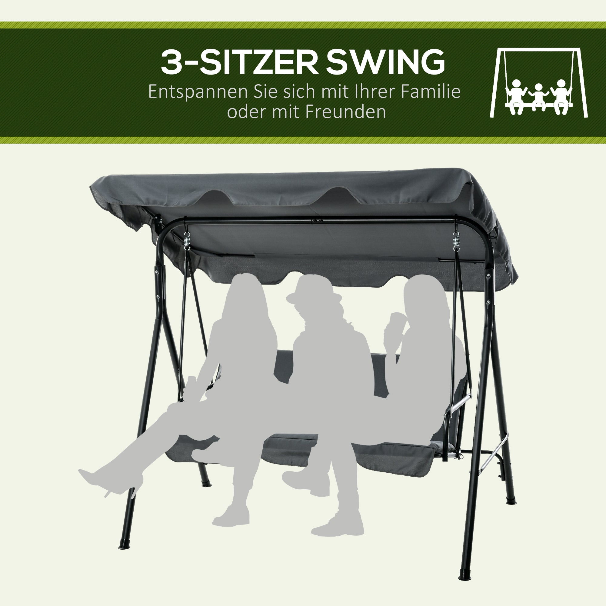 Hollywood Swing with Seat Cushion, 3-Seater Garden Swing with Adjustable Sunshade, Swing Bench Holds up to 240 kg, for Garden, Terrace, 172 x 110 x 153 cm, Gray