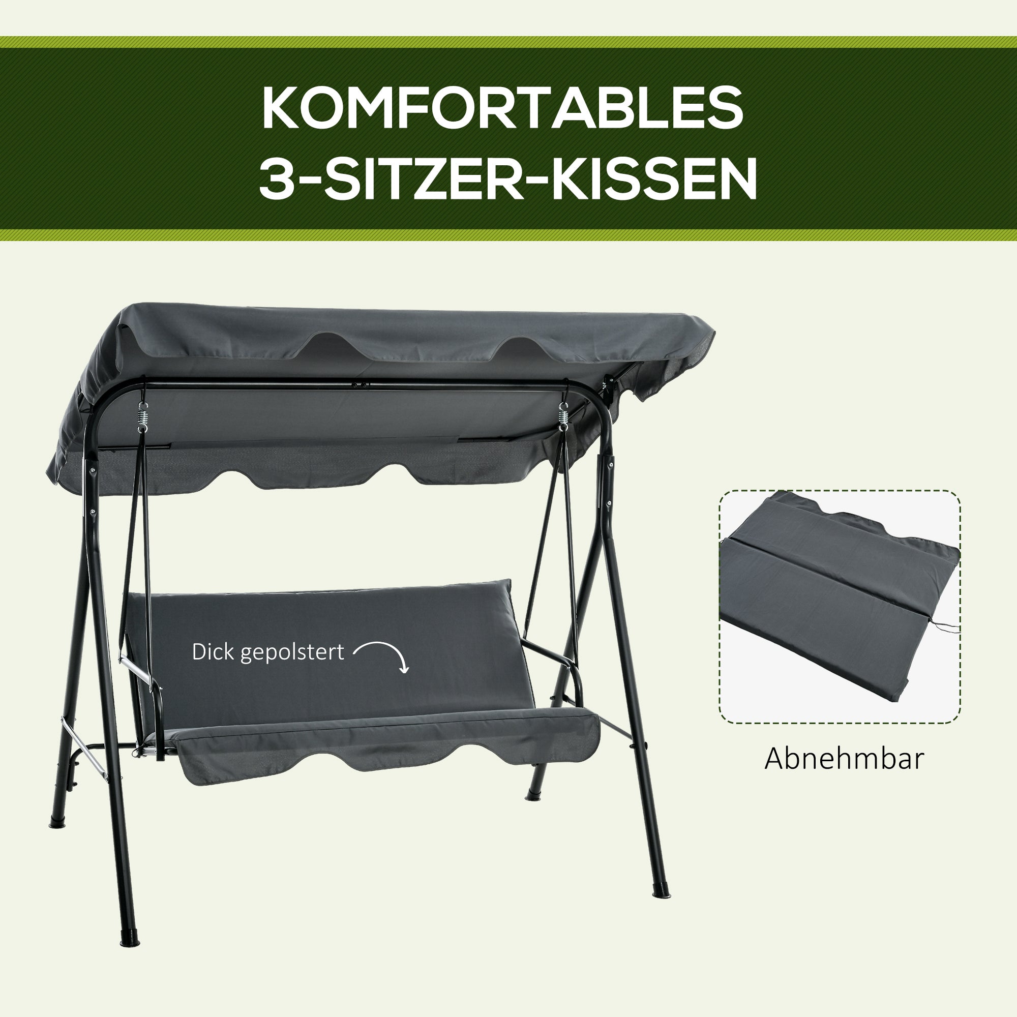 Hollywood Swing with Seat Cushion, 3-Seater Garden Swing with Adjustable Sunshade, Swing Bench Holds up to 240 kg, for Garden, Terrace, 172 x 110 x 153 cm, Gray