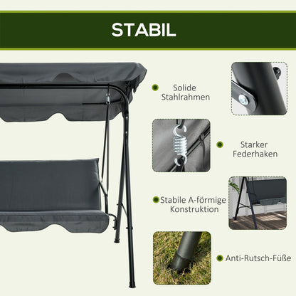 Hollywood Swing with Seat Cushion, 3-Seater Garden Swing with Adjustable Sunshade, Swing Bench Holds up to 240 kg, for Garden, Terrace, 172 x 110 x 153 cm, Gray