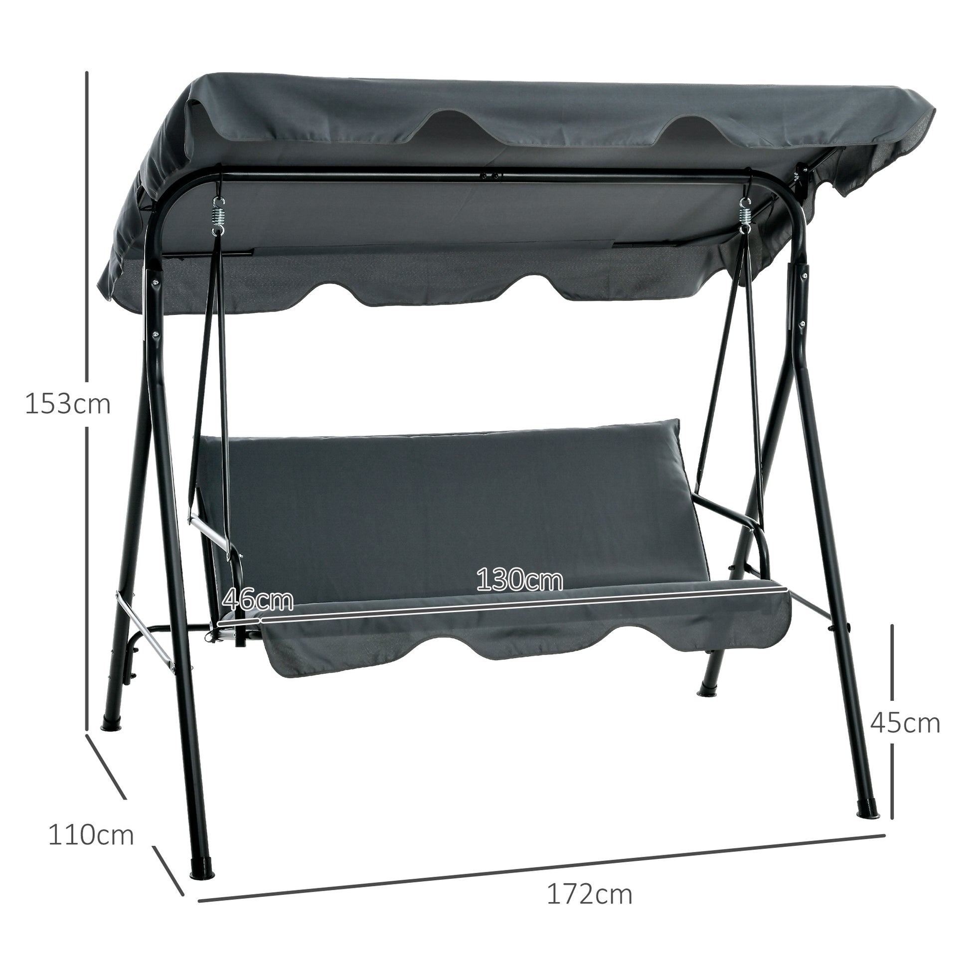 Hollywood Swing with Seat Cushion, 3-Seater Garden Swing with Adjustable Sunshade, Swing Bench Holds up to 240 kg, for Garden, Terrace, 172 x 110 x 153 cm, Gray
