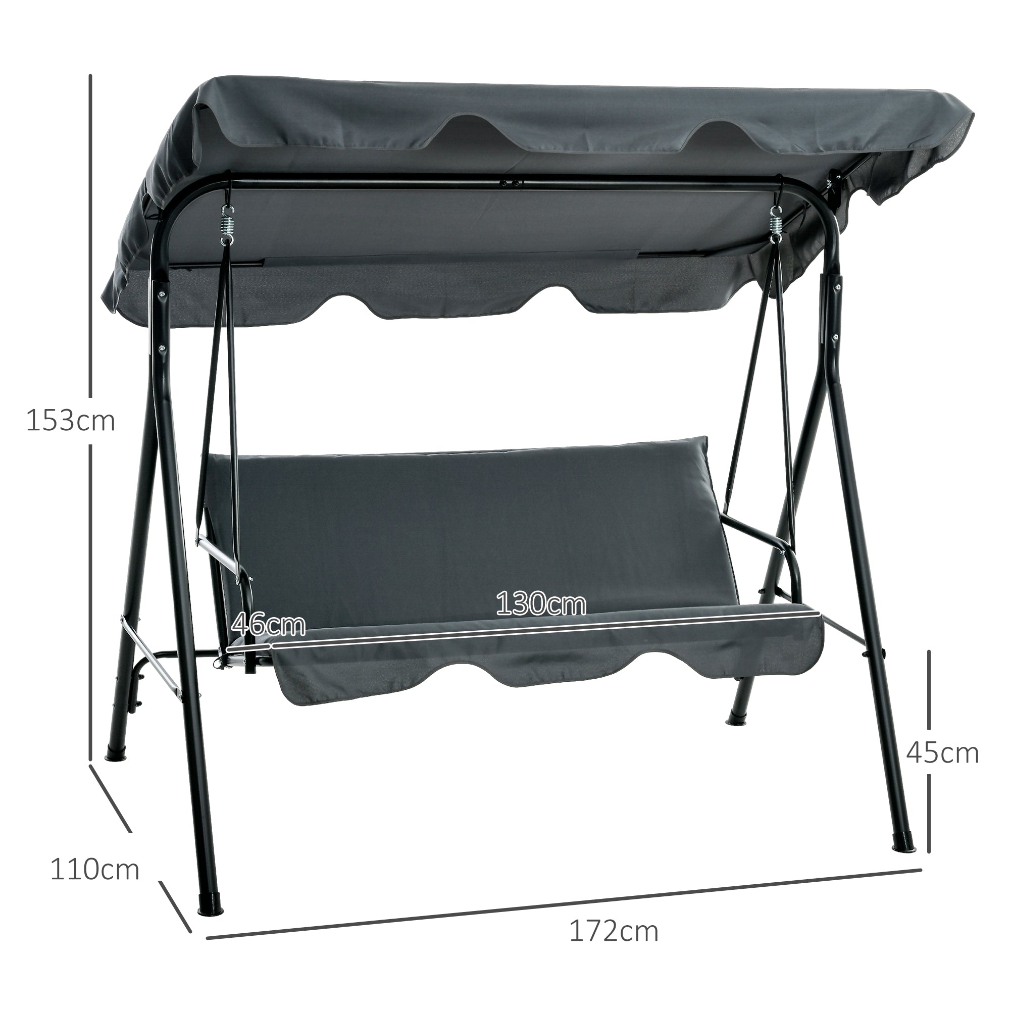 Hollywood Swing with Seat Cushion, 3-Seater Garden Swing with Adjustable Sunshade, Swing Bench Holds up to 240 kg, for Garden, Terrace, 172 x 110 x 153 cm, Gray