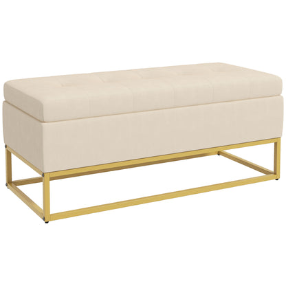Storage Bench, Upholstered Bench with Hinged Lid, Velvet Look, Bed Bench, Trunk Bench with Steel Legs for Living Room, Bedroom, Beige, 110 x 44 x 49 cm