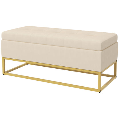 Storage Bench, Upholstered Bench with Hinged Lid, Velvet Look, Bed Bench, Trunk Bench with Steel Legs for Living Room, Bedroom, Beige, 110 x 44 x 49 cm