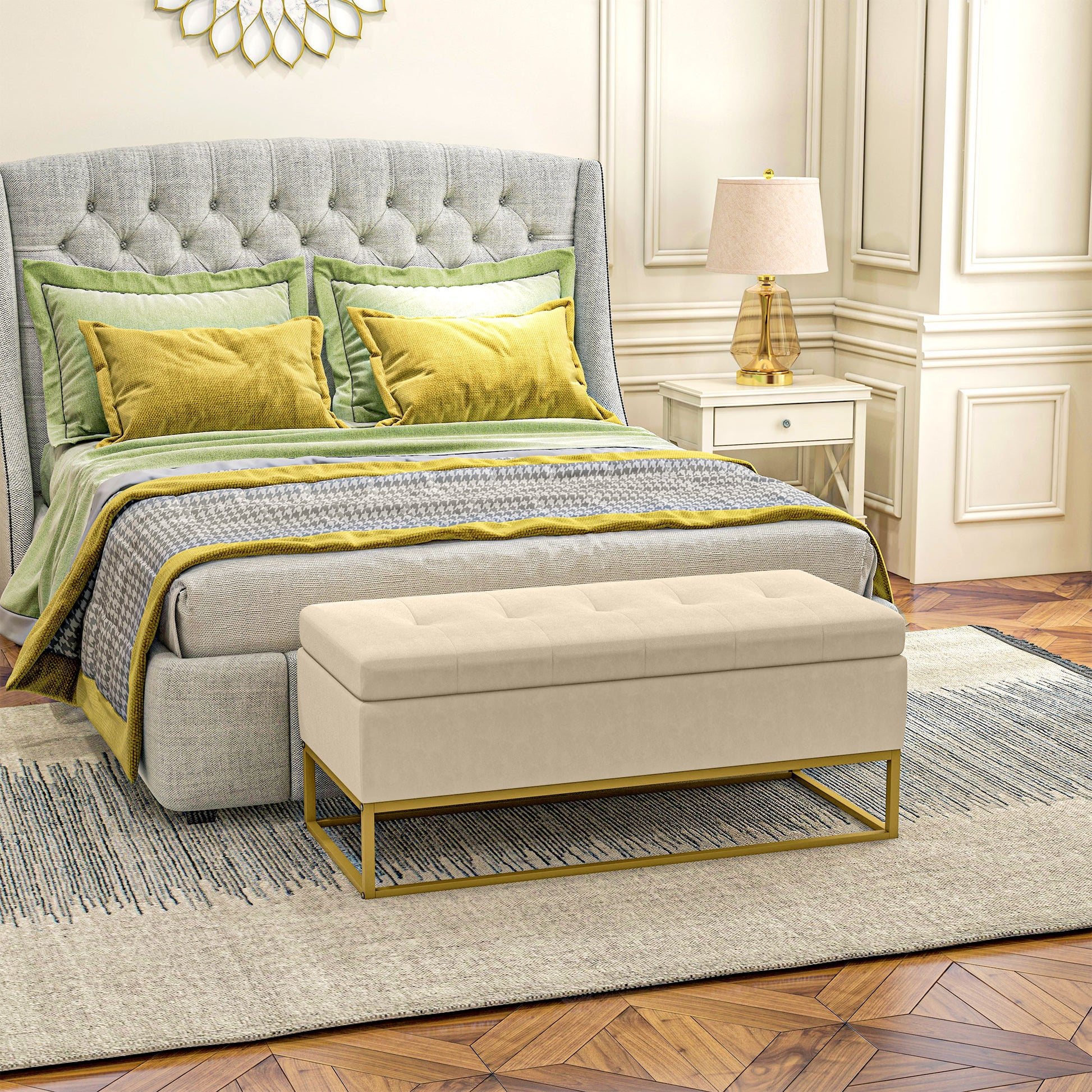 Storage Bench, Upholstered Bench with Hinged Lid, Velvet Look, Bed Bench, Trunk Bench with Steel Legs for Living Room, Bedroom, Beige, 110 x 44 x 49 cm