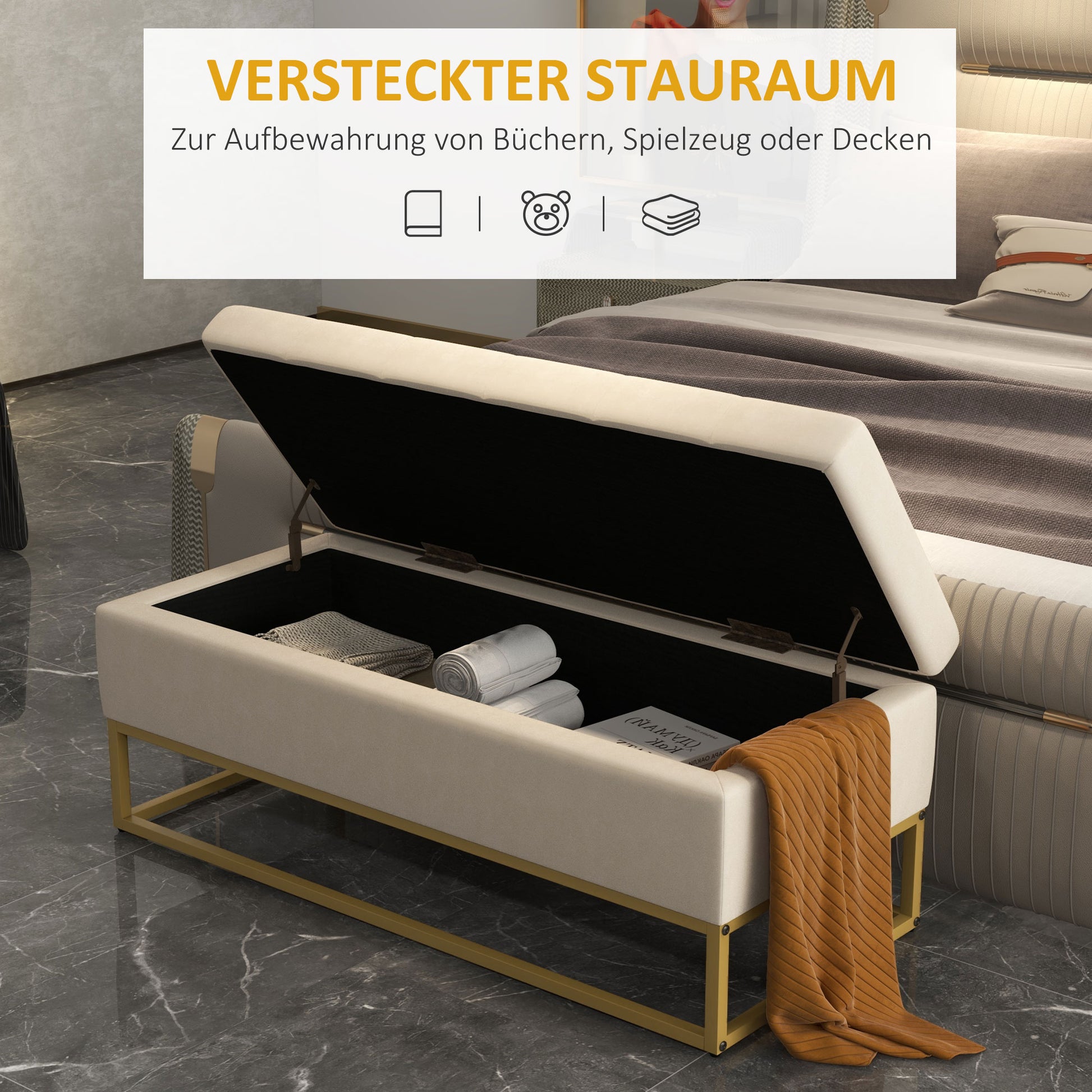 Storage Bench, Upholstered Bench with Hinged Lid, Velvet Look, Bed Bench, Trunk Bench with Steel Legs for Living Room, Bedroom, Beige, 110 x 44 x 49 cm