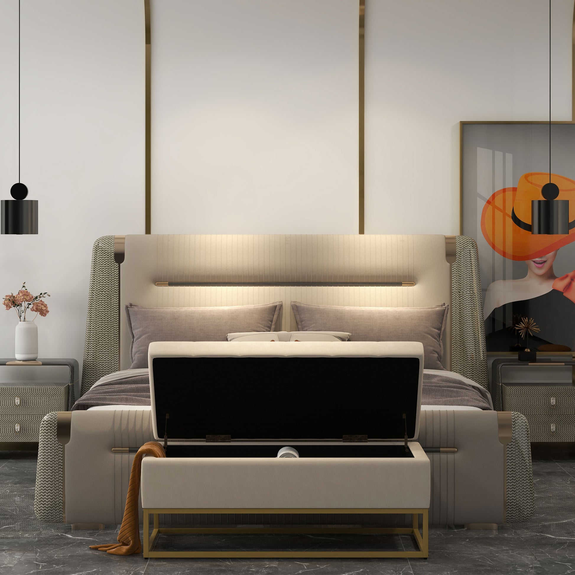Storage Bench, Upholstered Bench with Hinged Lid, Velvet Look, Bed Bench, Trunk Bench with Steel Legs for Living Room, Bedroom, Beige, 110 x 44 x 49 cm