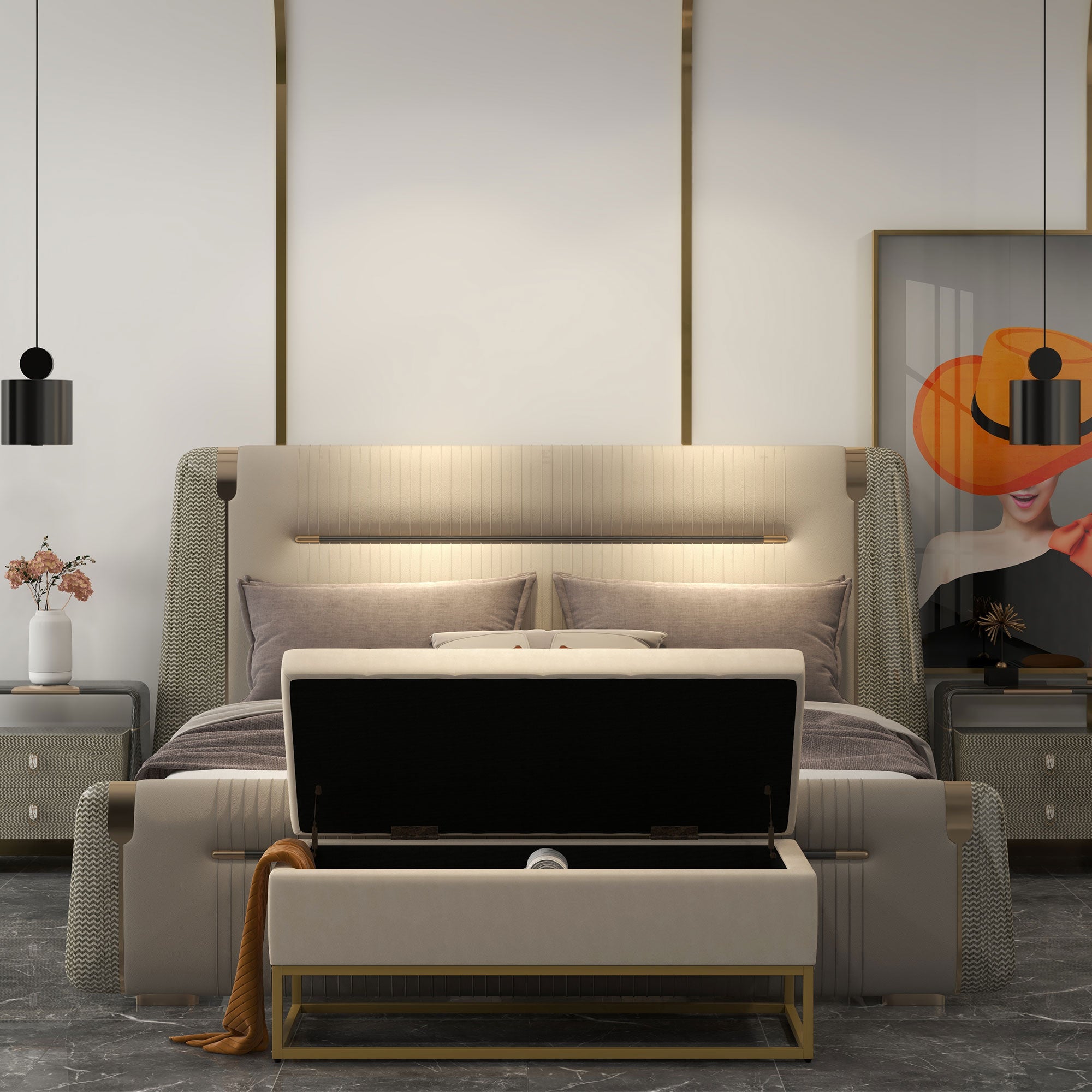 Storage Bench, Upholstered Bench with Hinged Lid, Velvet Look, Bed Bench, Trunk Bench with Steel Legs for Living Room, Bedroom, Beige, 110 x 44 x 49 cm