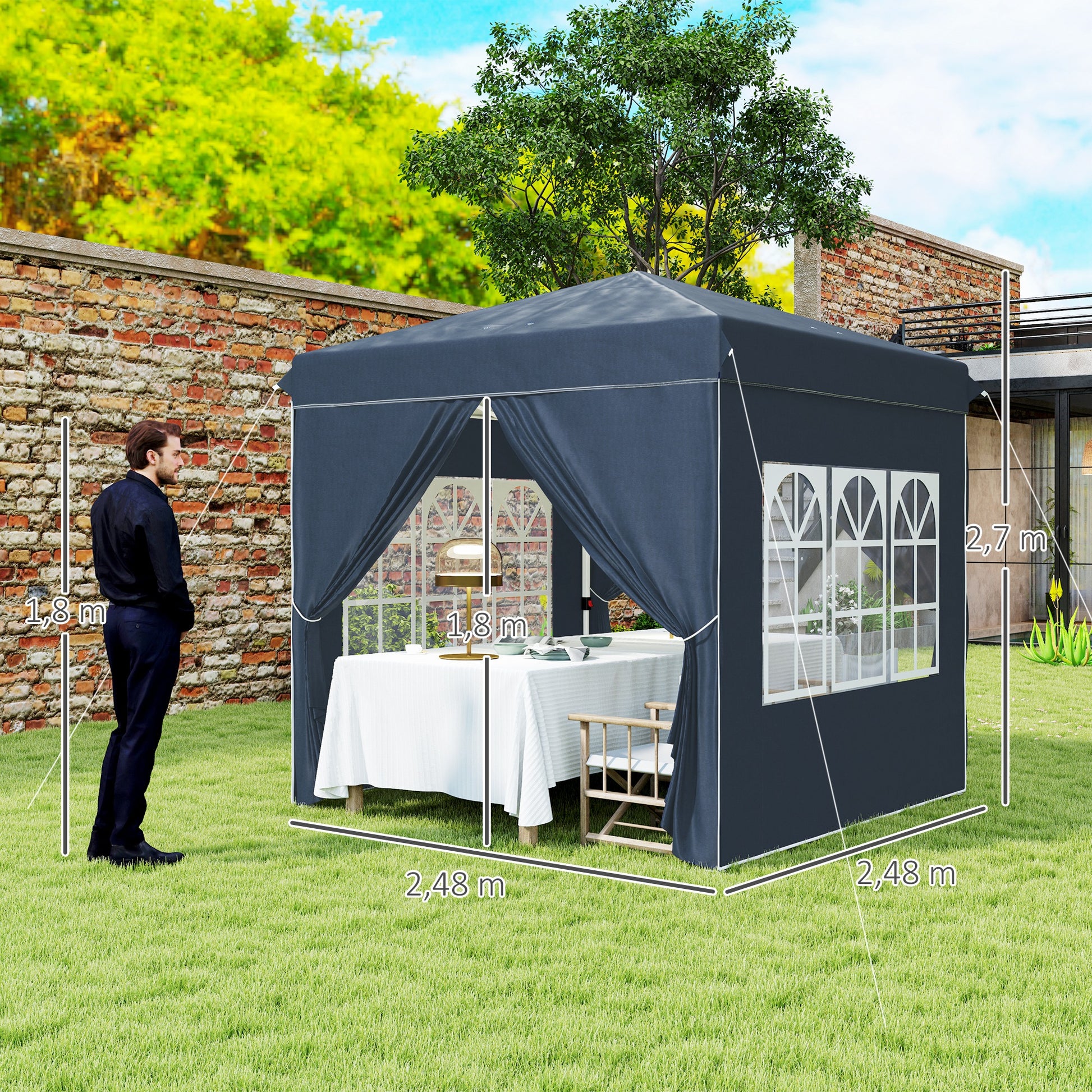 Pavilion 2.5x2.5m, Water-Resistant Stable Winter-Proof Pop-Up Folding Pavilion, UV Protection 50+, Foldable Party Tent Garden Tent with 4 Side Panels Bag Garden Pavilion for Camping Garden, Dark Blue