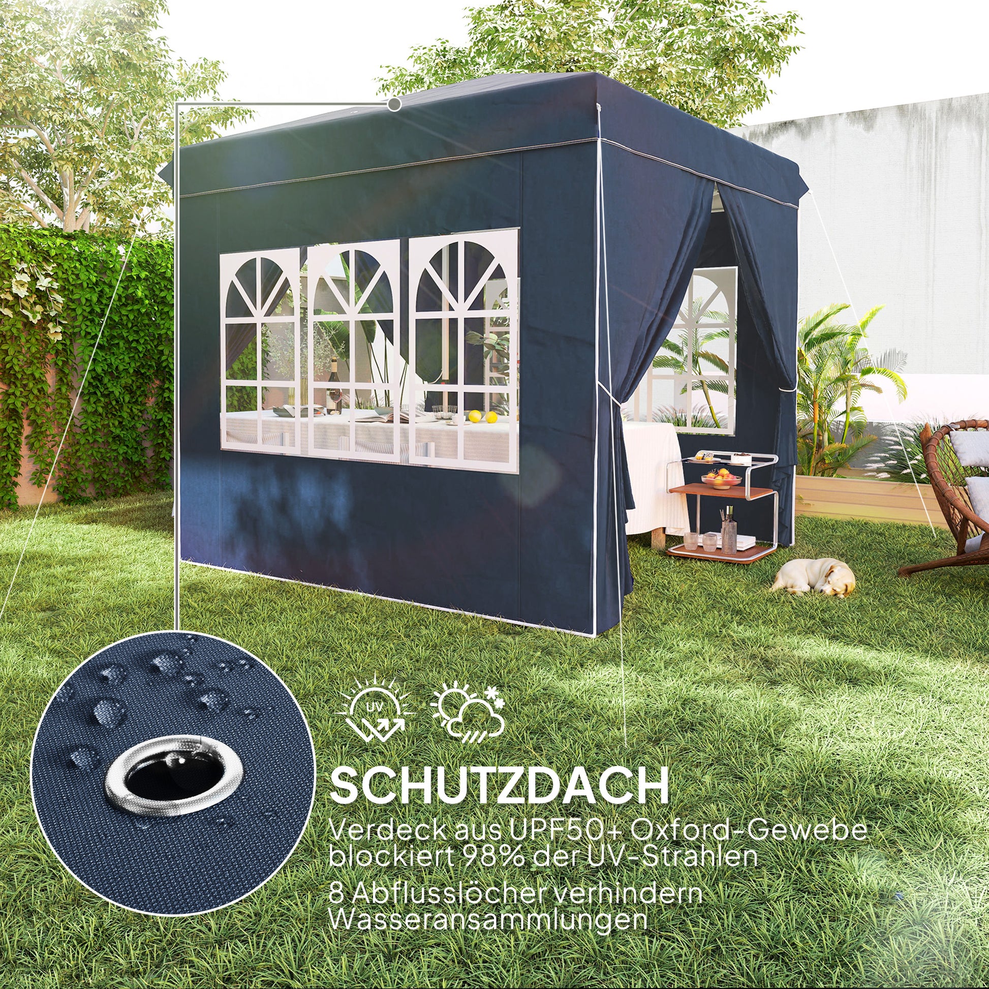 Pavilion 2.5x2.5m, Water-Resistant Stable Winter-Proof Pop-Up Folding Pavilion, UV Protection 50+, Foldable Party Tent Garden Tent with 4 Side Panels Bag Garden Pavilion for Camping Garden, Dark Blue