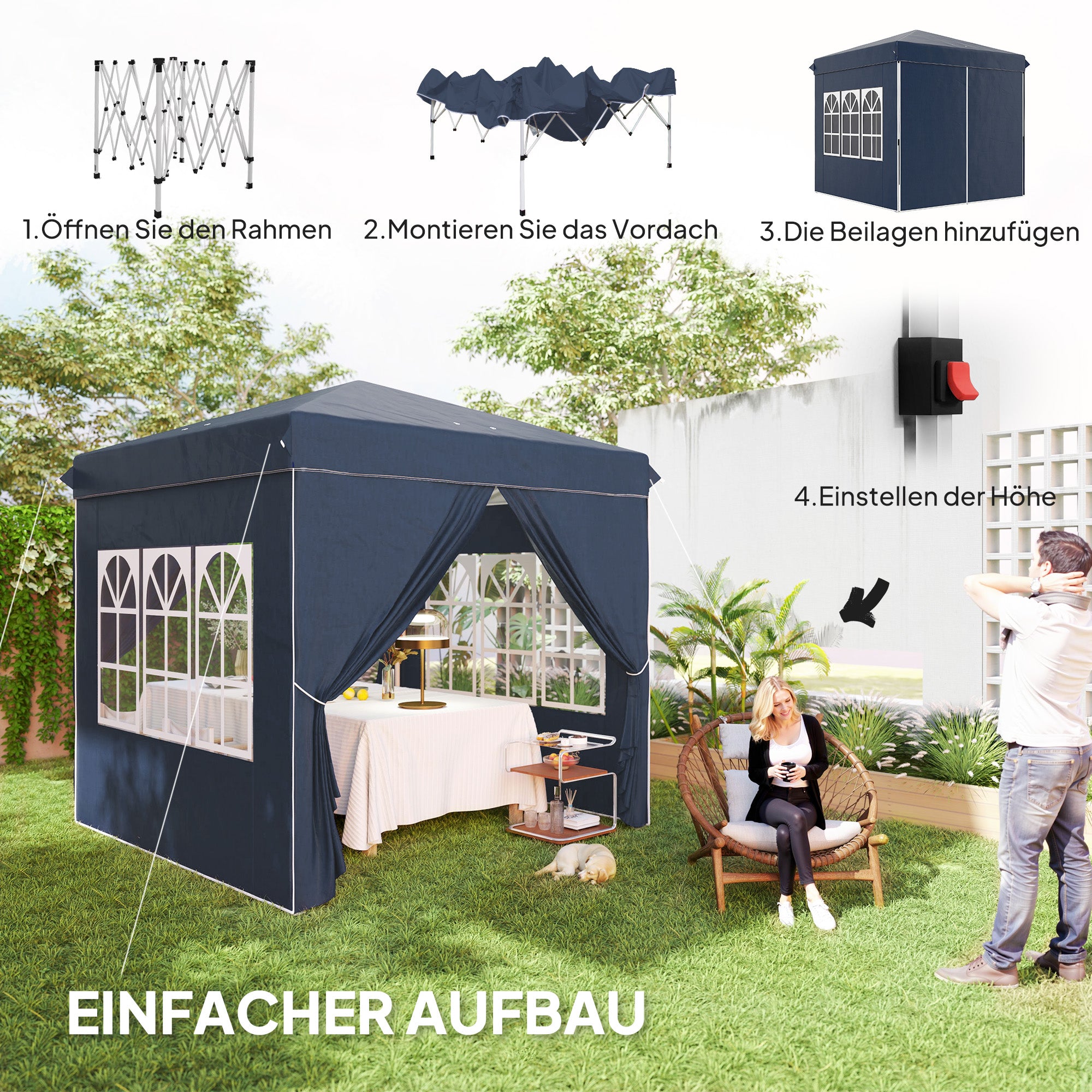 Pavilion 2.5x2.5m, Water-Resistant Stable Winter-Proof Pop-Up Folding Pavilion, UV Protection 50+, Foldable Party Tent Garden Tent with 4 Side Panels Bag Garden Pavilion for Camping Garden, Dark Blue