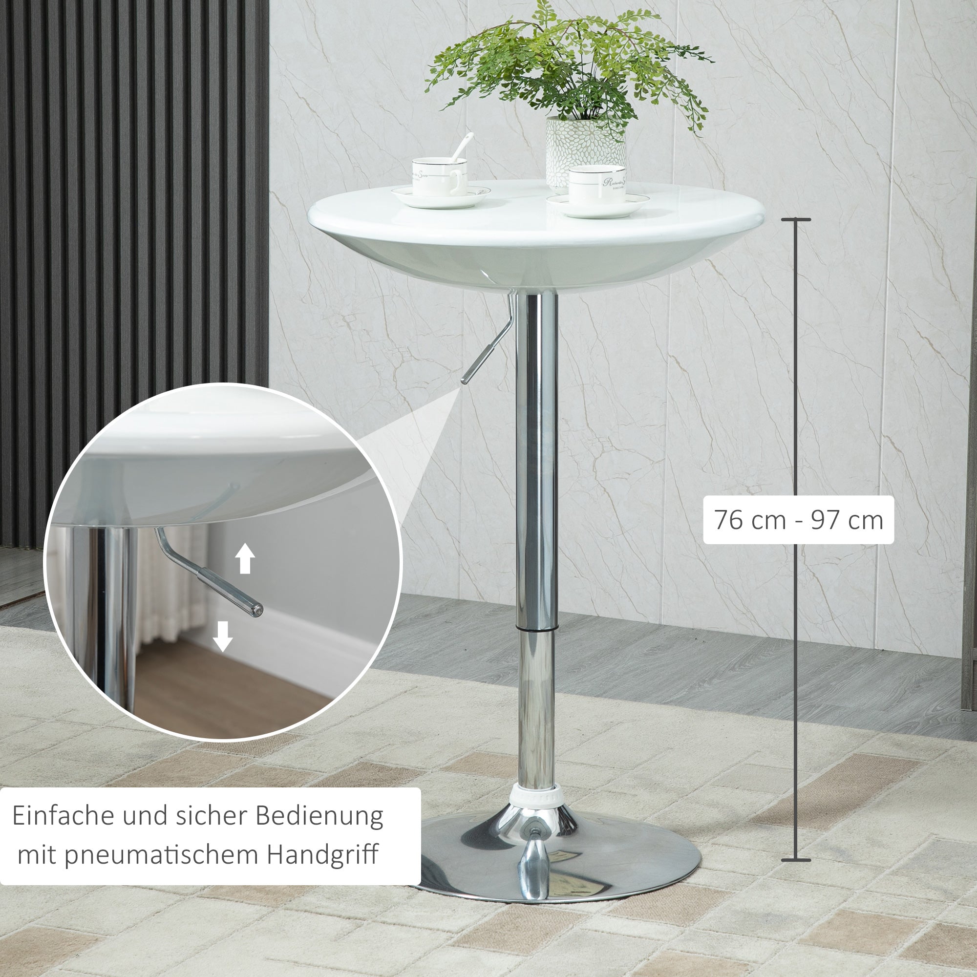 Bar Table Modern Dining Table Height-Adjustable Bistro Table Bar Table Desk Round Metal ABS Coating White Ø61 x 76-97 cm