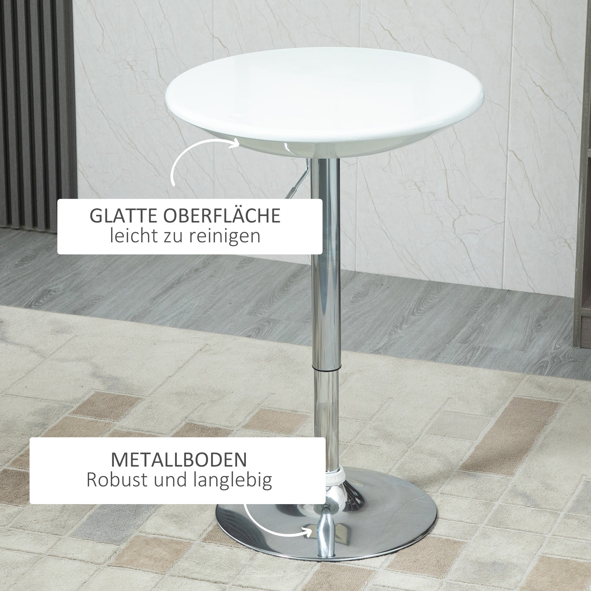 Bar Table Modern Dining Table Height-Adjustable Bistro Table Bar Table Desk Round Metal ABS Coating White Ø61 x 76-97 cm