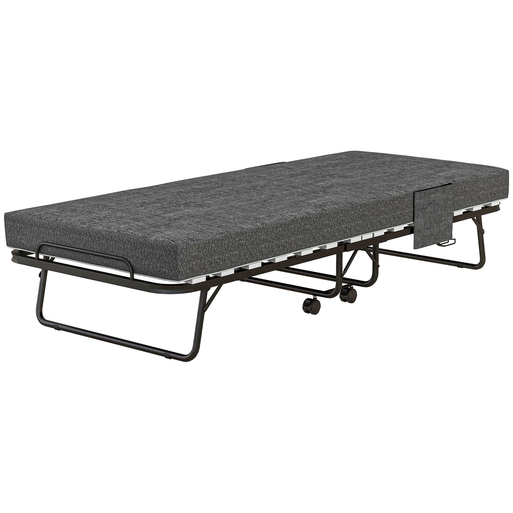 Folding Guest Bed with Wheels, 10 cm Mattress, Cover, Travel Bed with Side Pocket Dark Gray 190 x 80 x 42 cm