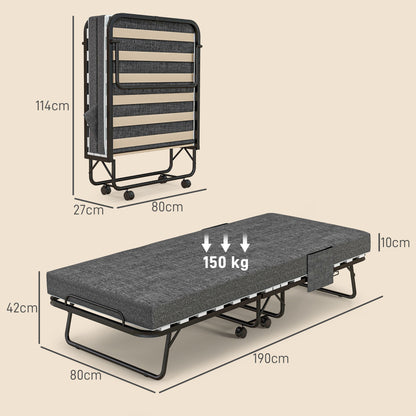 Folding Guest Bed with Wheels, 10 cm Mattress, Cover, Travel Bed with Side Pocket Dark Gray 190 x 80 x 42 cm