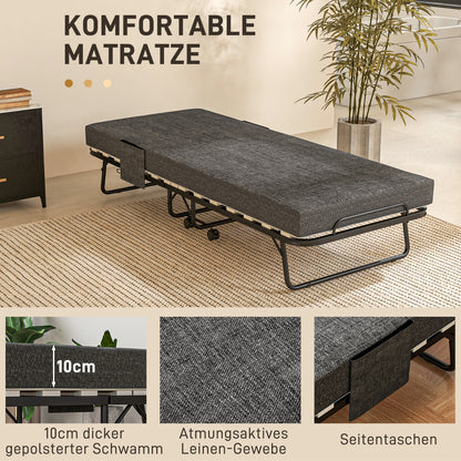 Folding Guest Bed with Wheels, 10 cm Mattress, Cover, Travel Bed with Side Pocket Dark Gray 190 x 80 x 42 cm