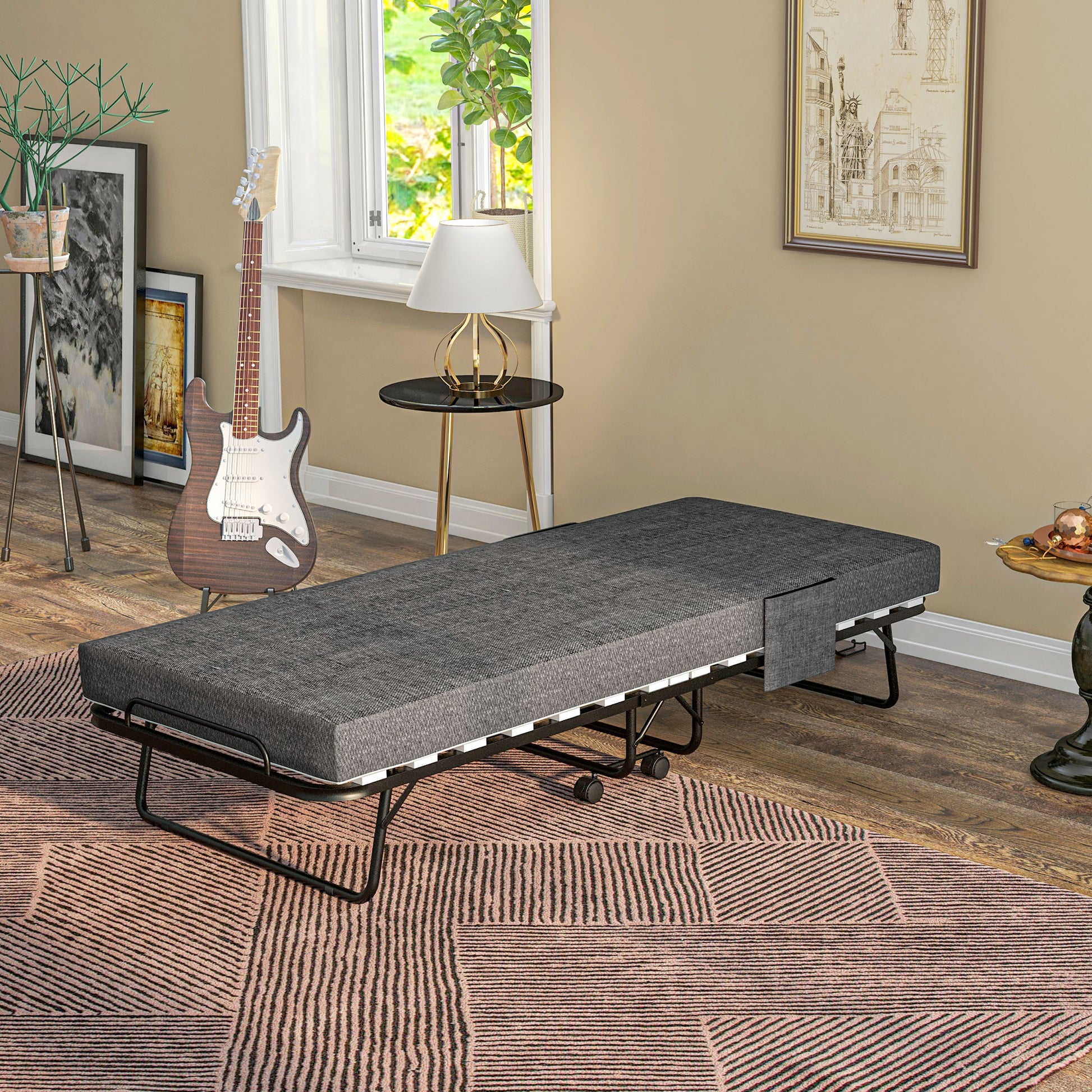 Folding Guest Bed with Wheels, 10 cm Mattress, Cover, Travel Bed with Side Pocket Dark Gray 190 x 80 x 42 cm