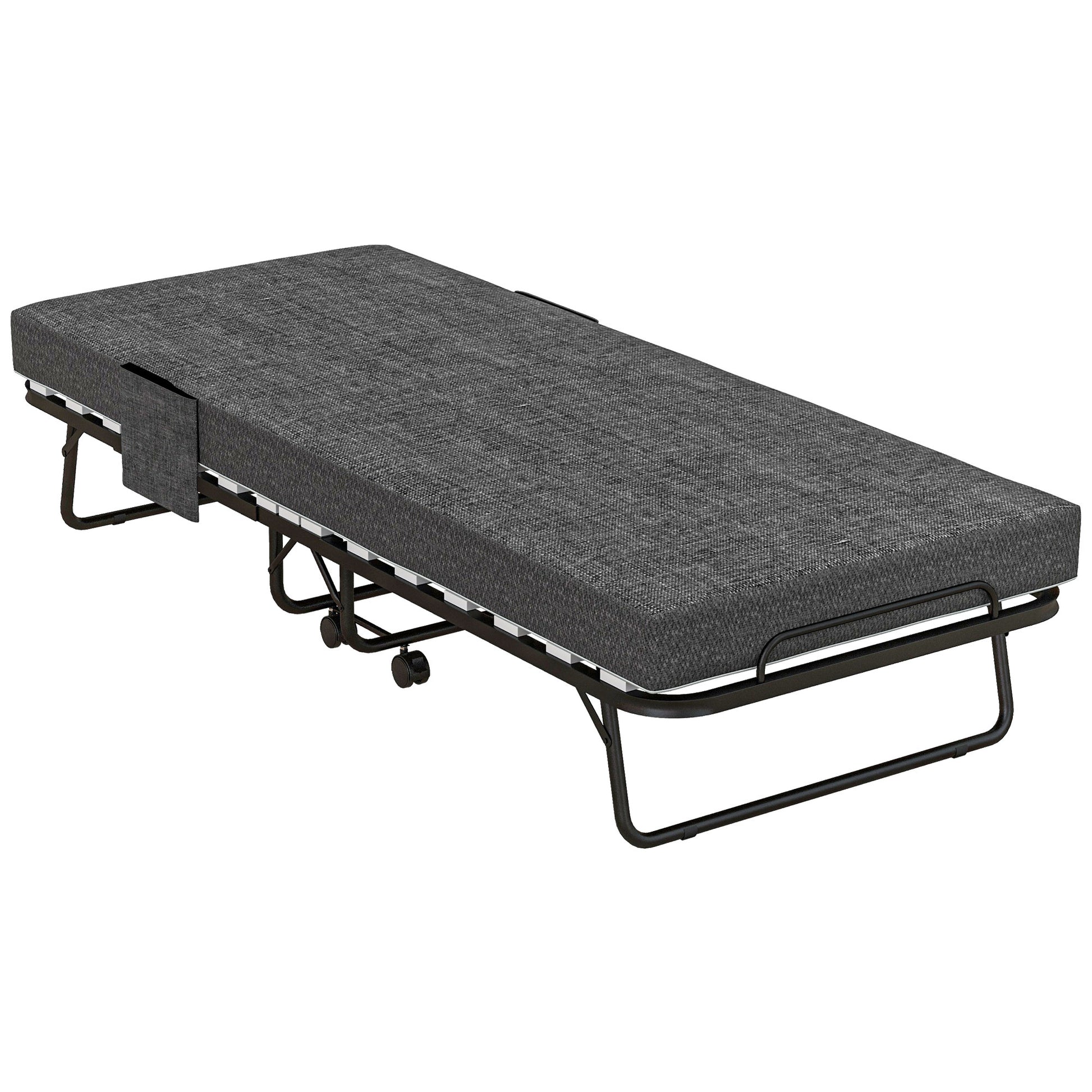 Folding Guest Bed with Wheels, 10 cm Mattress, Cover, Travel Bed with Side Pocket Dark Gray 190 x 80 x 42 cm