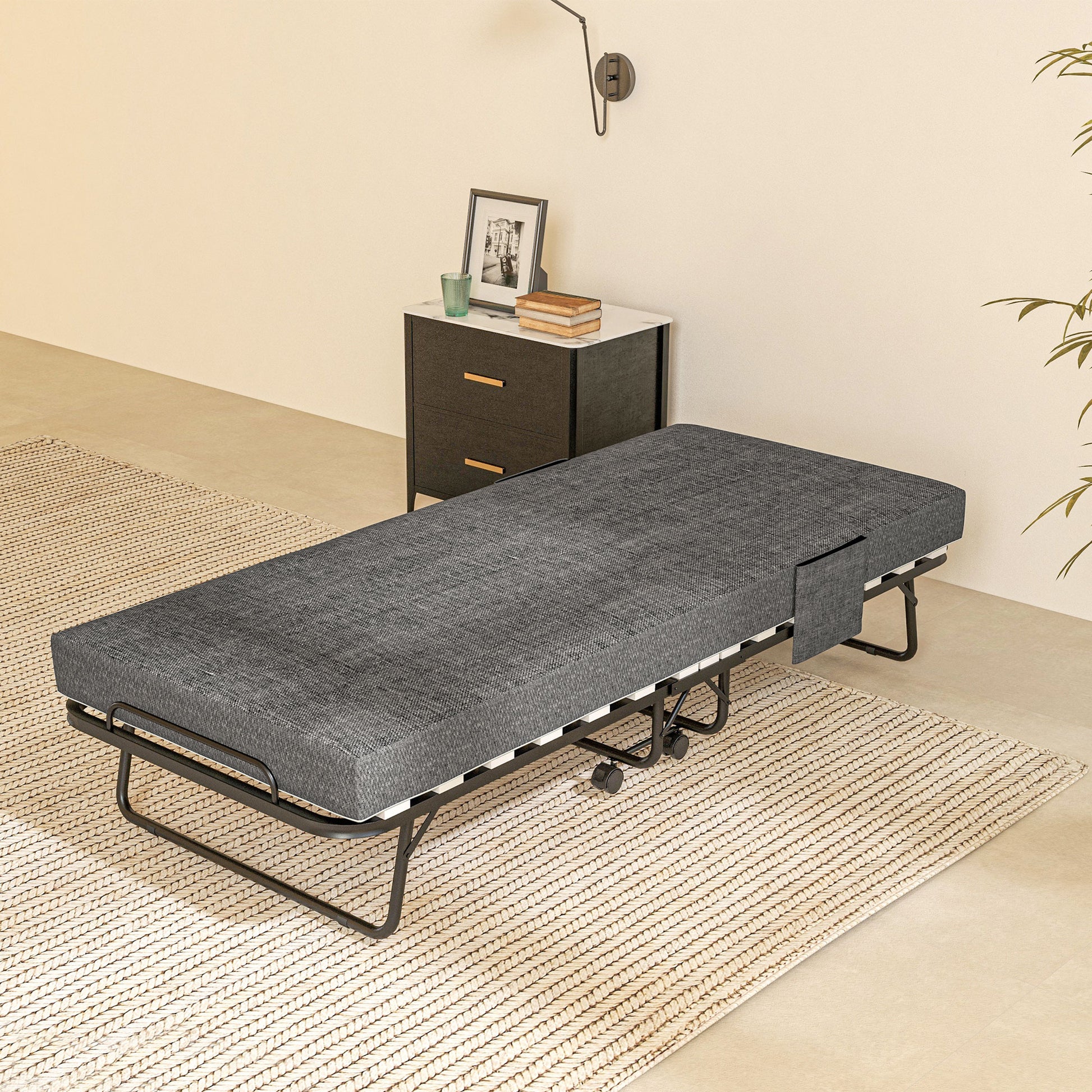 Folding Guest Bed with Wheels, 10 cm Mattress, Cover, Travel Bed with Side Pocket Dark Gray 190 x 80 x 42 cm