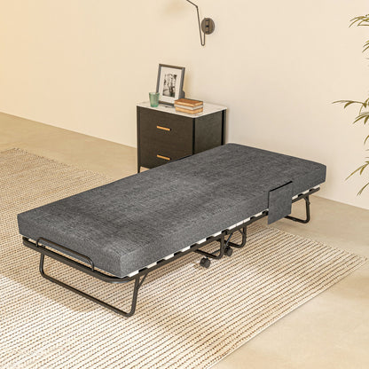 Folding Guest Bed with Wheels, 10 cm Mattress, Cover, Travel Bed with Side Pocket Dark Gray 190 x 80 x 42 cm