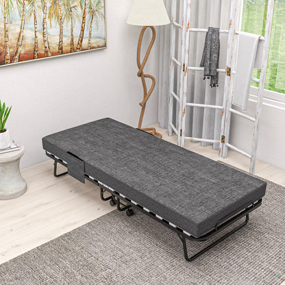 Folding Guest Bed with Wheels, 10 cm Mattress, Cover, Travel Bed with Side Pocket Dark Gray 190 x 80 x 42 cm