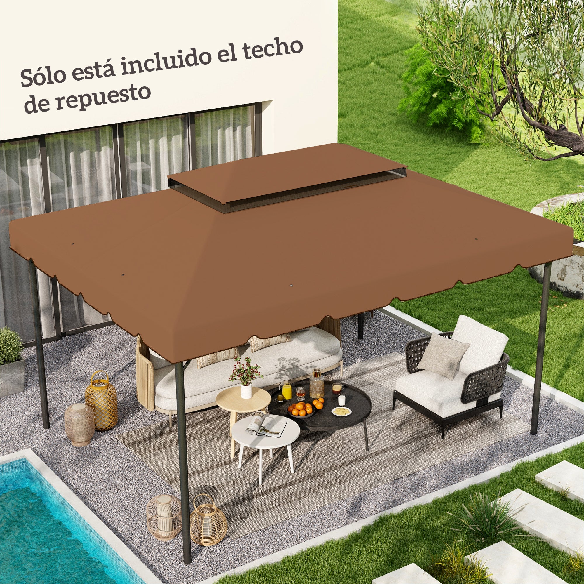 Replacement Roof for 4x3m Gazebo Replacement Cover with Double Roof with 8 Drainage Holes Replacement Canopy for Gazebo Coffee
