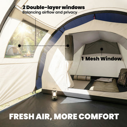 4-Person Tunnel Tent — Separate Living & Sleeping Areas, 3000mm Waterproof, Carry Bag — Navy & Cream
