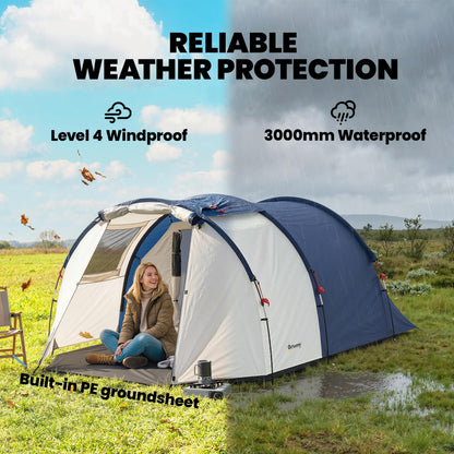 4-Person Tunnel Tent — Separate Living & Sleeping Areas, 3000mm Waterproof, Carry Bag — Navy & Cream