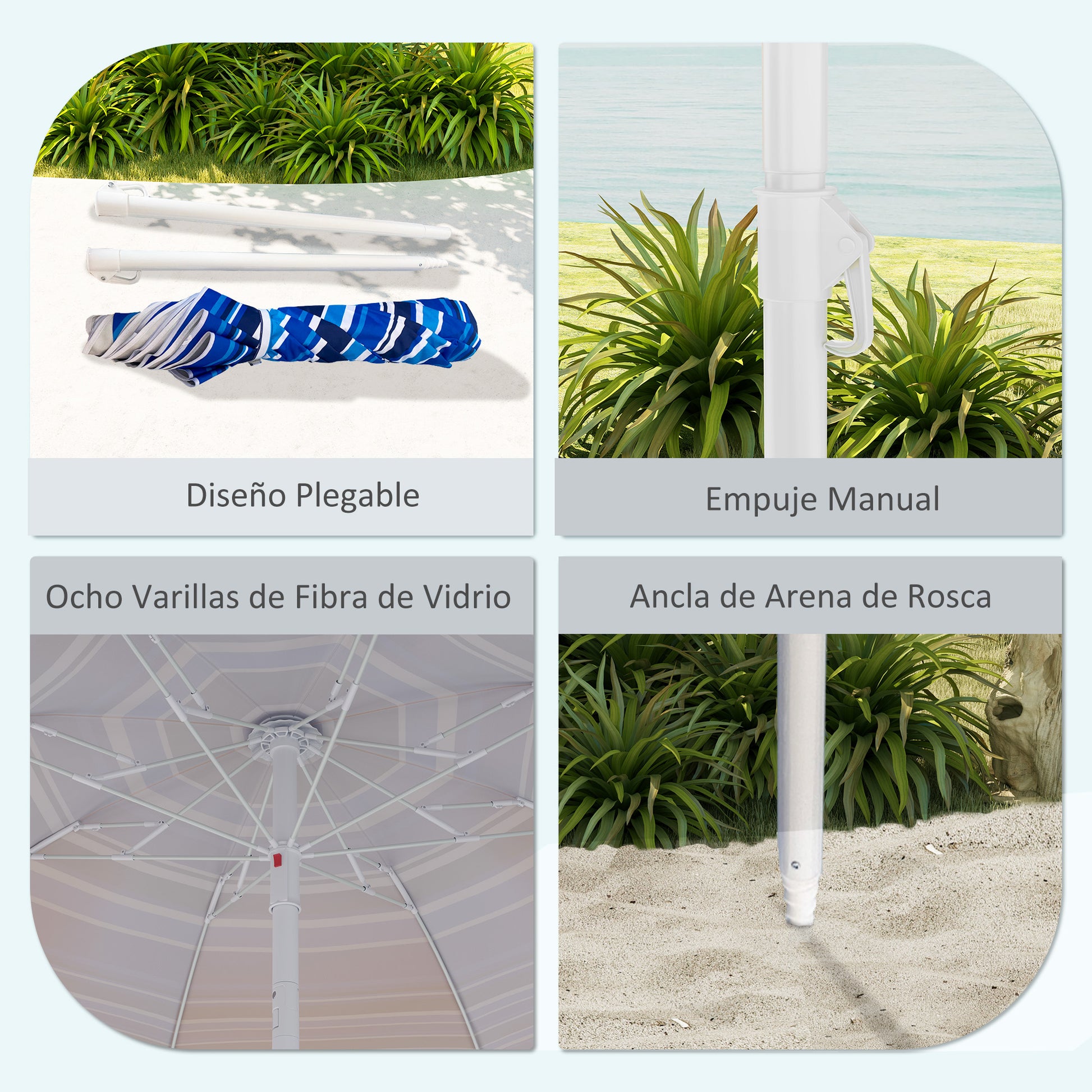 Large Beach Umbrella Ø180 cm, Patio Umbrella Foldable with Adjustable Angle UV50+ Protection, Waterproof, 32 mm Pole Multicolor