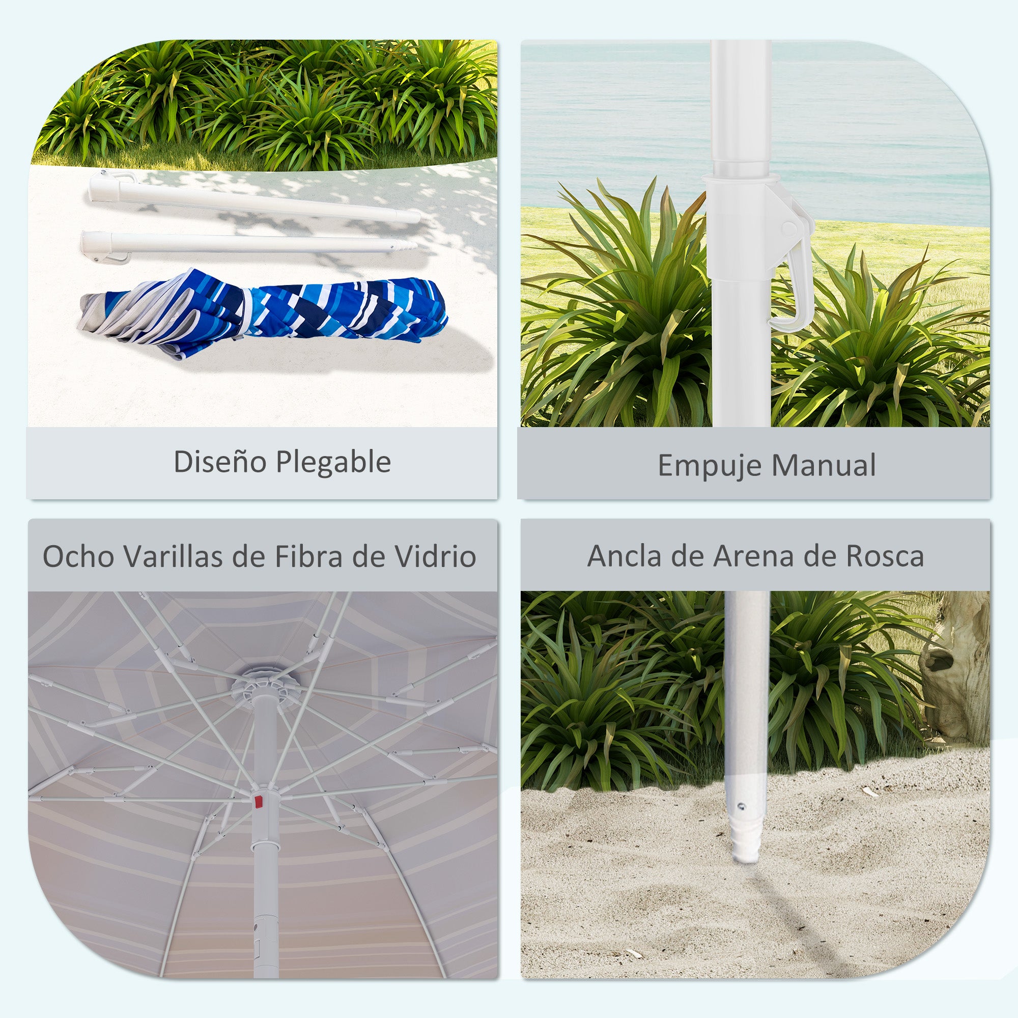 Large Beach Umbrella Ø180 cm, Patio Umbrella Foldable with Adjustable Angle UV50+ Protection, Waterproof, 32 mm Pole Multicolor