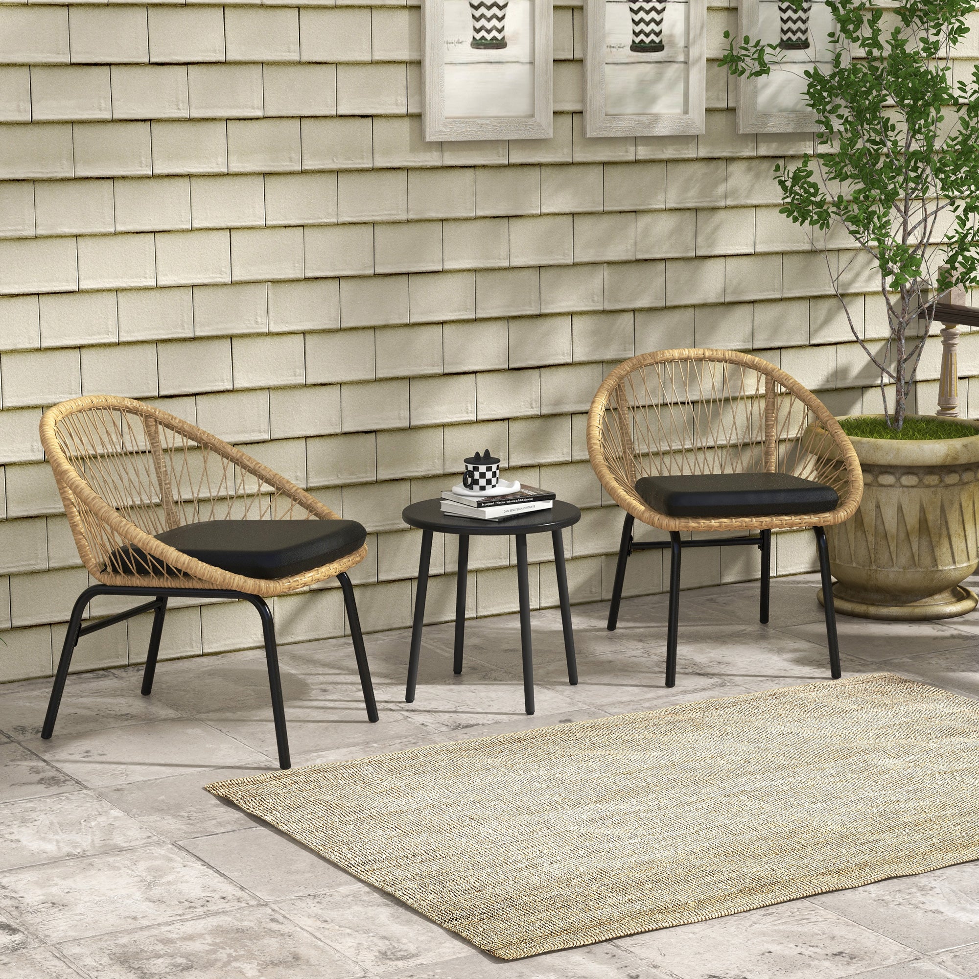 3-piece Rattan Garden Furniture Set, Balcony Furniture Set with Coffee Table, 2 Chairs, Seating Set with Cushions, Garden Seating Group for Balcony, Patio, Polyester, Yellow