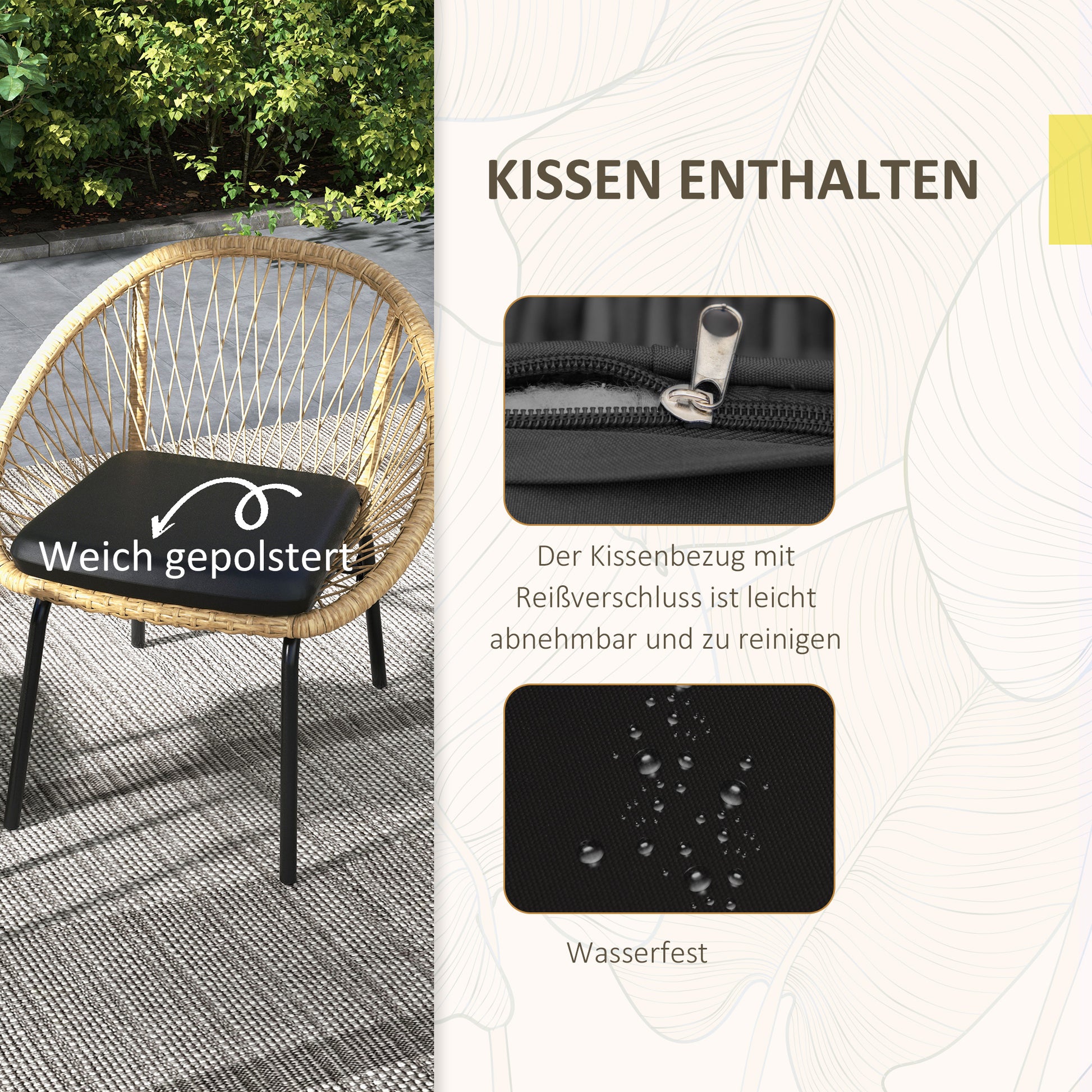 3-piece Rattan Garden Furniture Set, Balcony Furniture Set with Coffee Table, 2 Chairs, Seating Set with Cushions, Garden Seating Group for Balcony, Patio, Polyester, Yellow