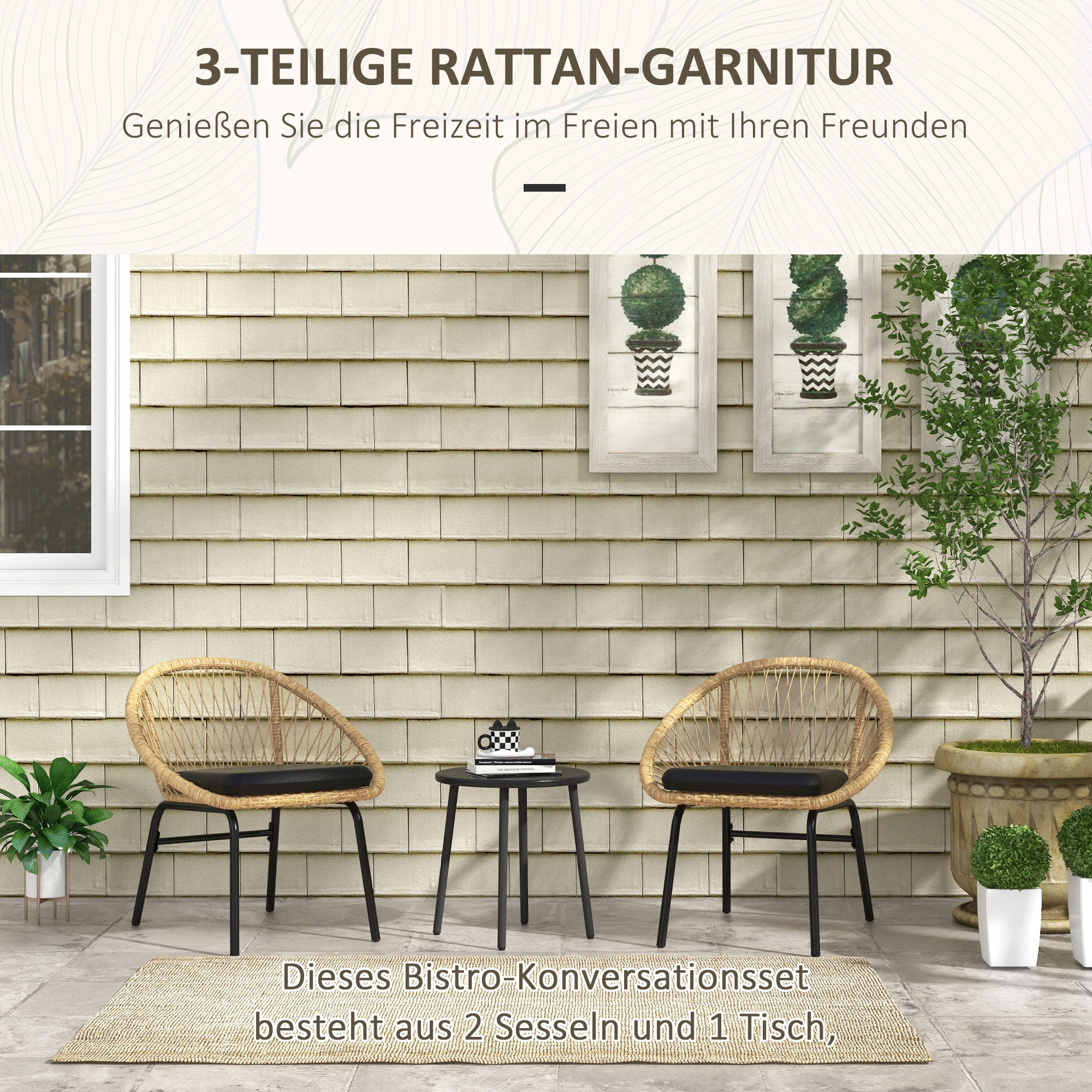 3-piece Rattan Garden Furniture Set, Balcony Furniture Set with Coffee Table, 2 Chairs, Seating Set with Cushions, Garden Seating Group for Balcony, Patio, Polyester, Yellow