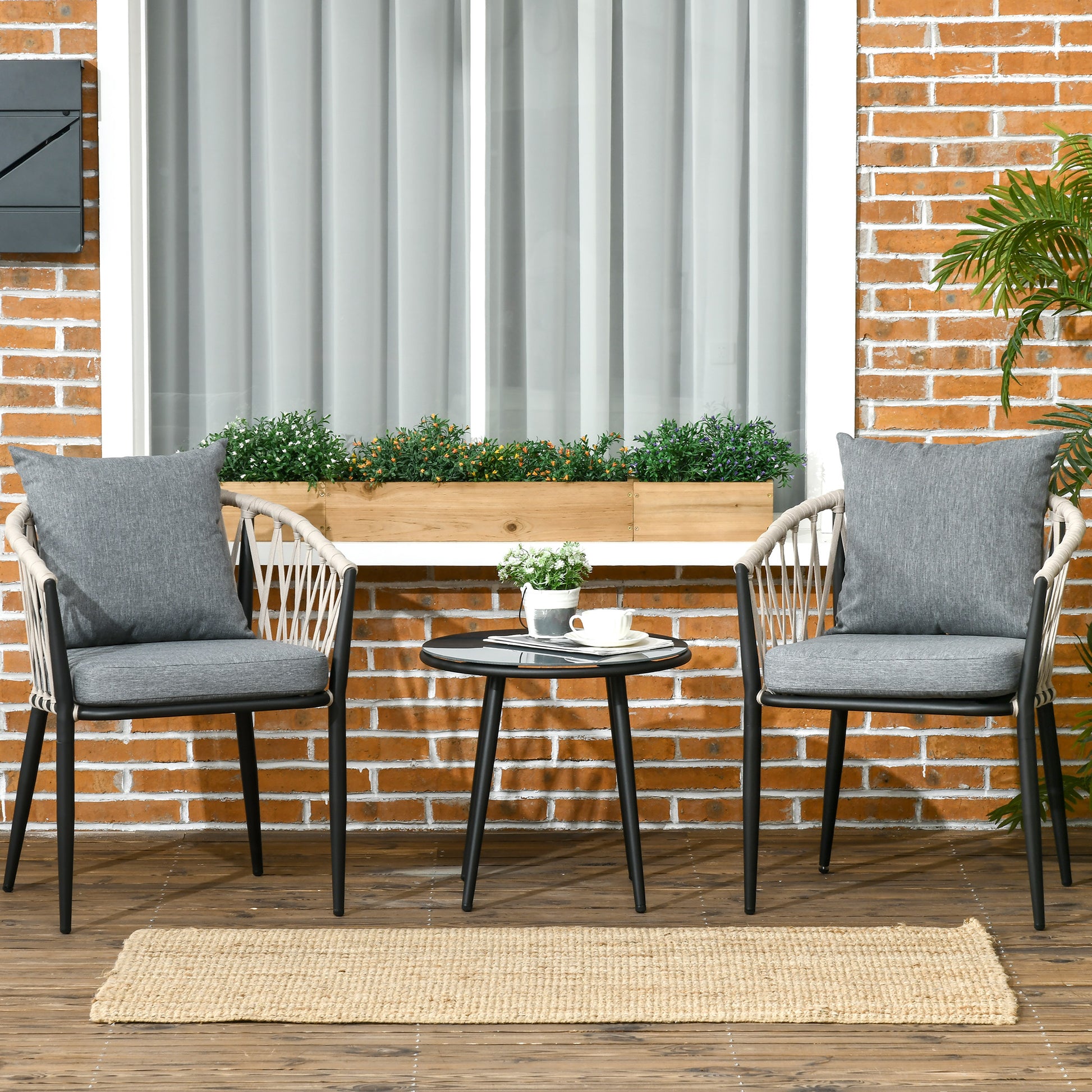 3 Piece Garden Furniture Set, Garden Bistro Set including 1 Table, 2 Chairs with Seat Cushions, Balcony Set, Patio Furniture for Terrace, Balcony, Steel, Gray