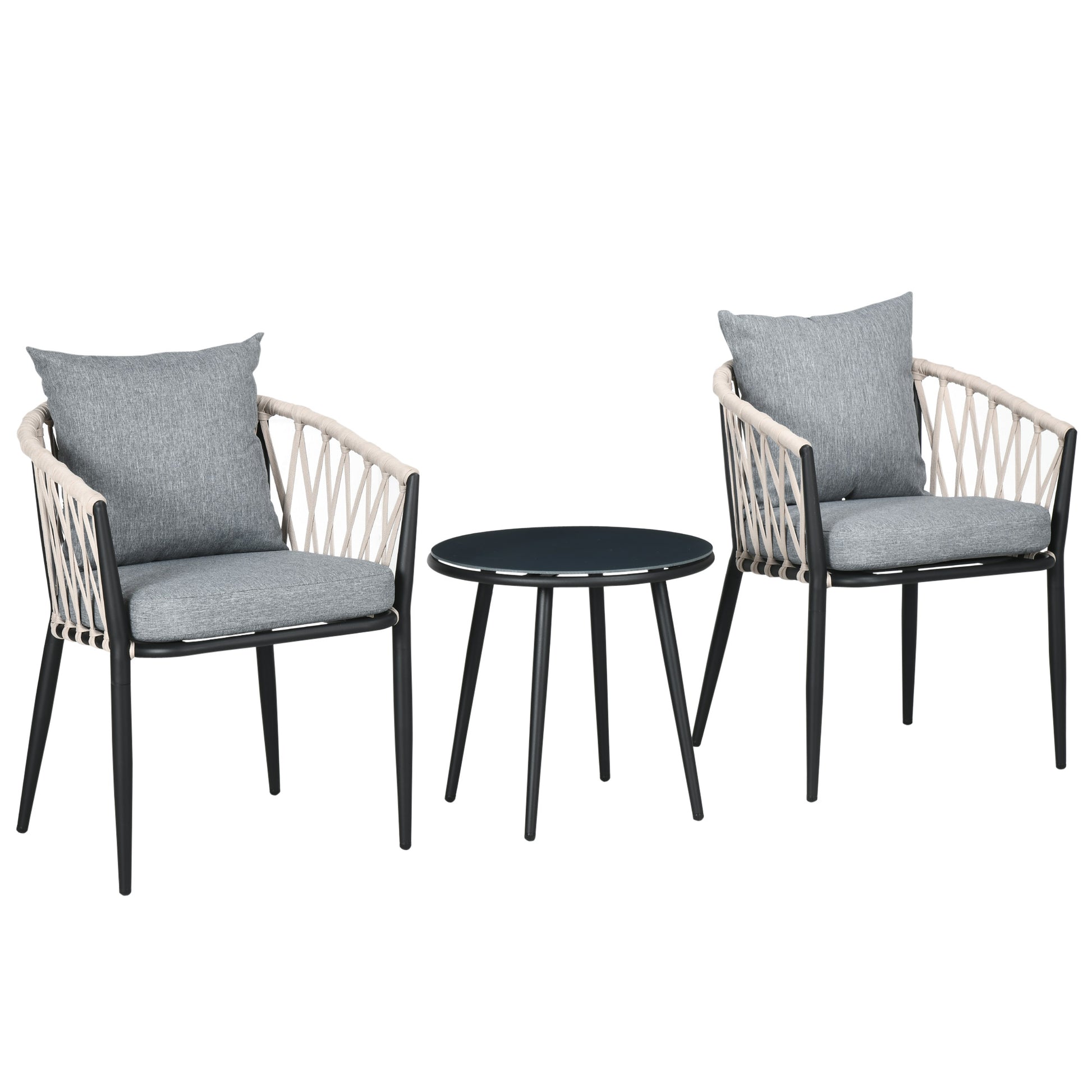 3 Piece Garden Furniture Set, Garden Bistro Set including 1 Table, 2 Chairs with Seat Cushions, Balcony Set, Patio Furniture for Terrace, Balcony, Steel, Gray
