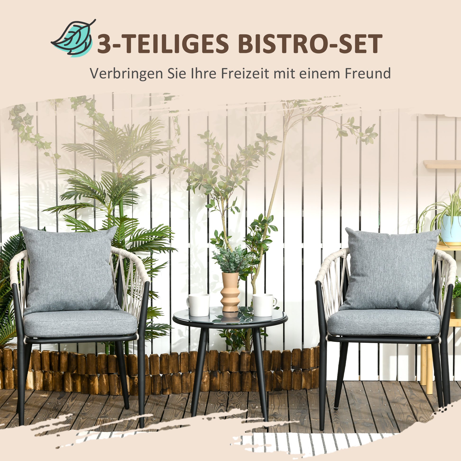 3 Piece Garden Furniture Set, Garden Bistro Set including 1 Table, 2 Chairs with Seat Cushions, Balcony Set, Patio Furniture for Terrace, Balcony, Steel, Gray