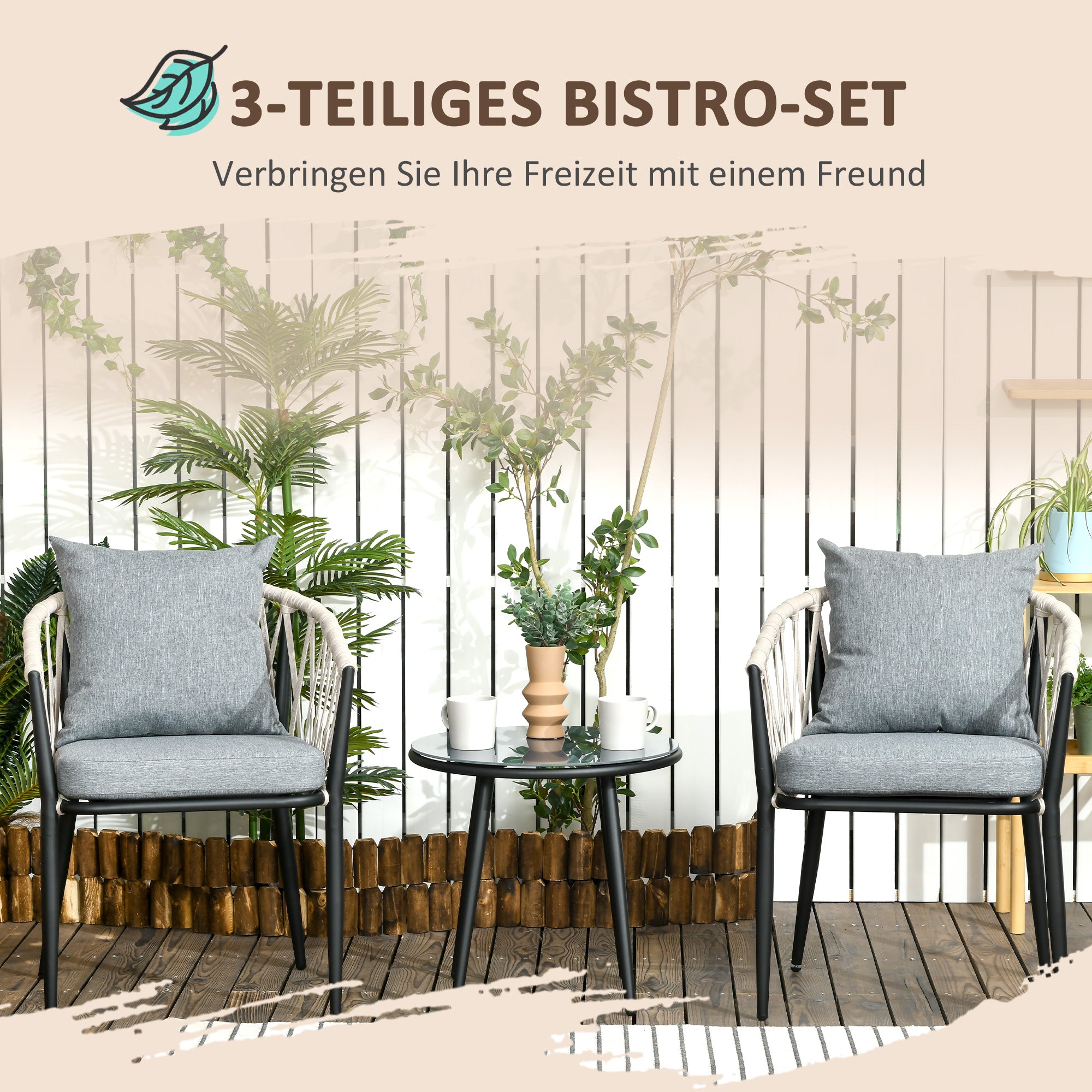 3 Piece Garden Furniture Set, Garden Bistro Set including 1 Table, 2 Chairs with Seat Cushions, Balcony Set, Patio Furniture for Terrace, Balcony, Steel, Gray