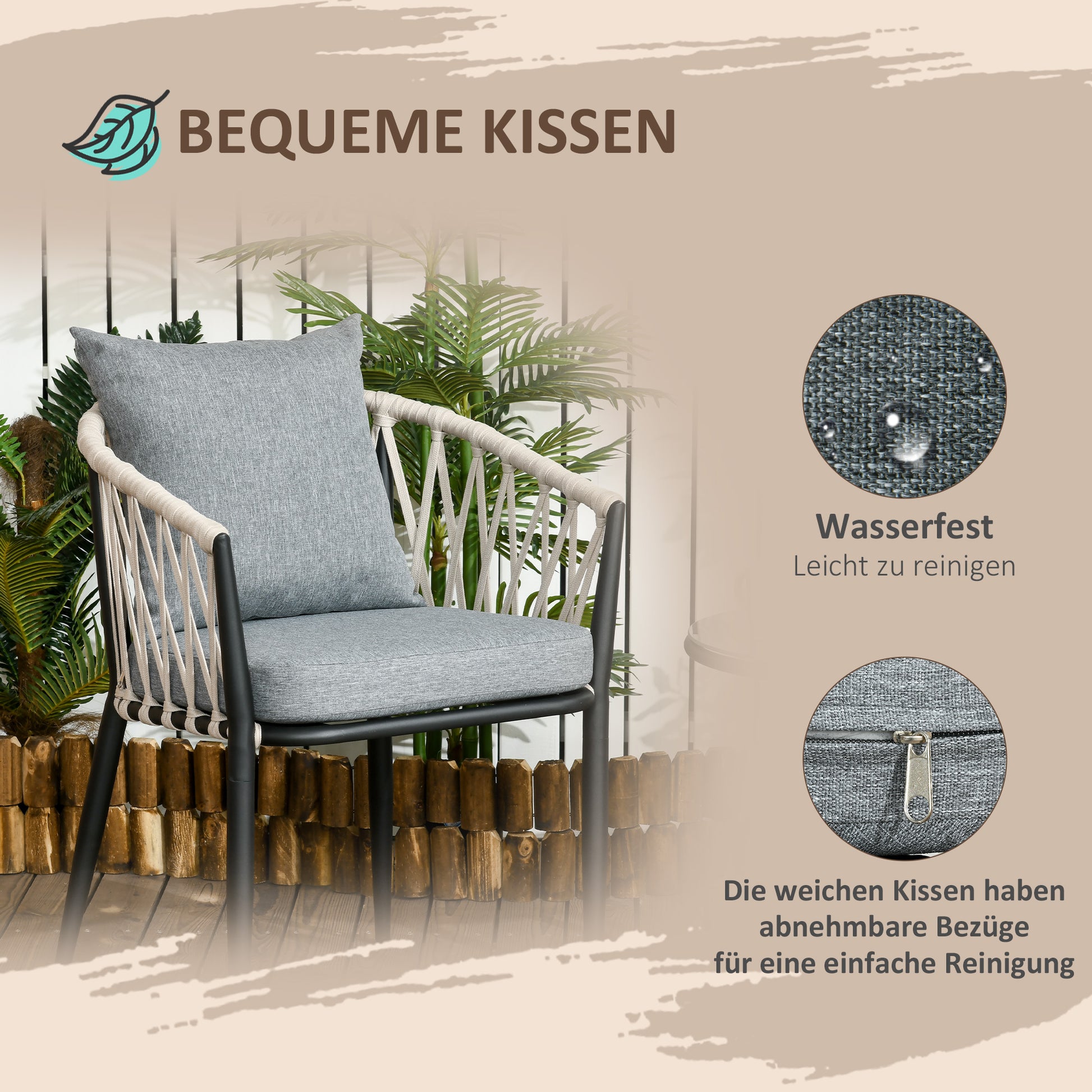 3 Piece Garden Furniture Set, Garden Bistro Set including 1 Table, 2 Chairs with Seat Cushions, Balcony Set, Patio Furniture for Terrace, Balcony, Steel, Gray