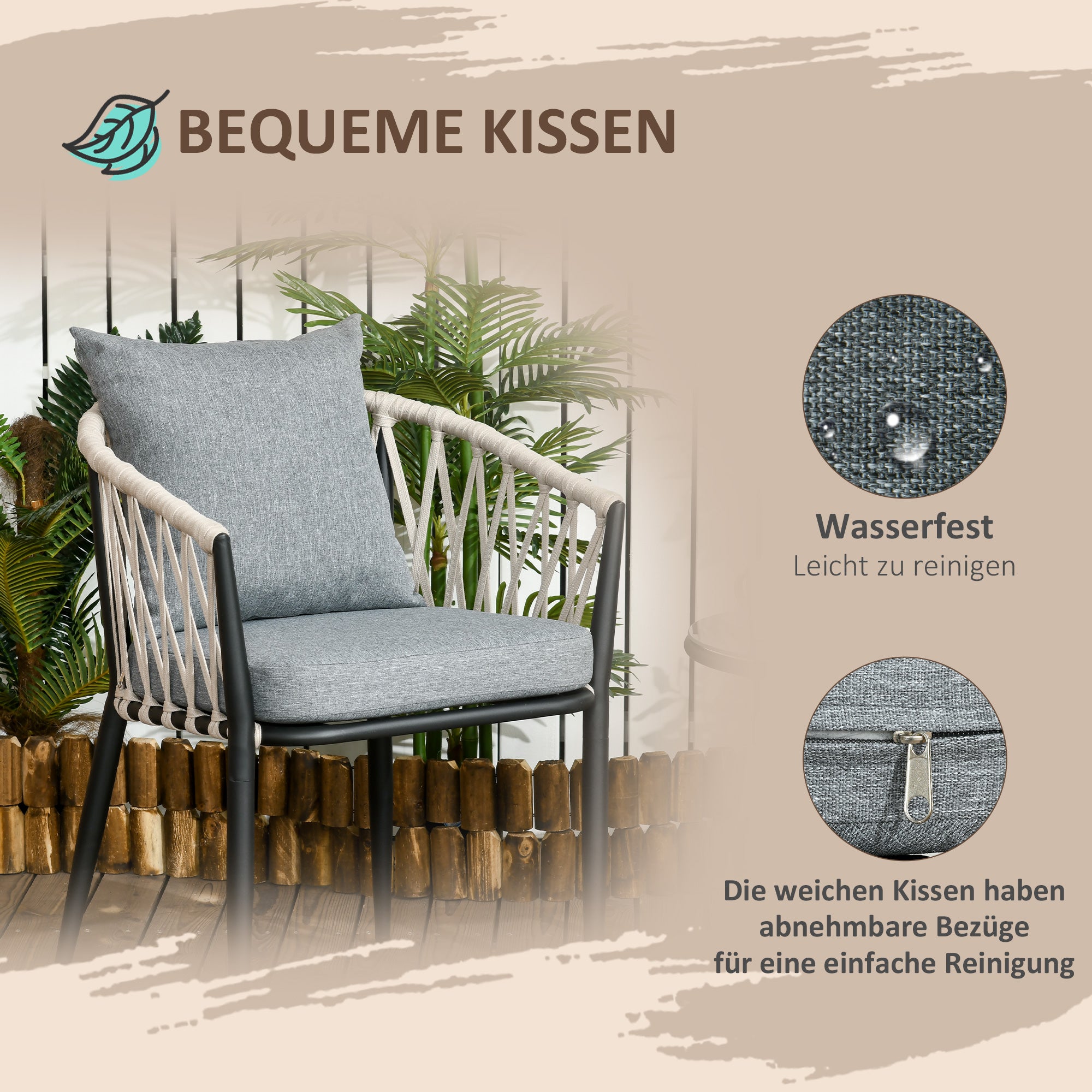 3 Piece Garden Furniture Set, Garden Bistro Set including 1 Table, 2 Chairs with Seat Cushions, Balcony Set, Patio Furniture for Terrace, Balcony, Steel, Gray