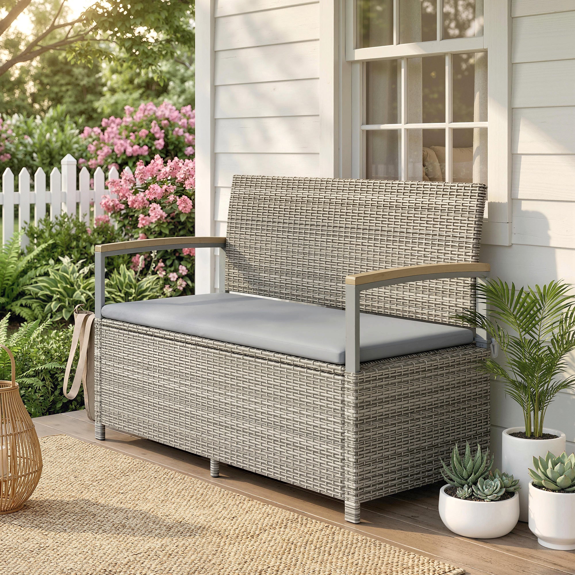 2-Seater Rattan Outdoor Storage Bench, 170 L Trunk, Washable Cushion, Backrest & Acacia Wood Arms, Gas-Assisted Lid — Light Gray