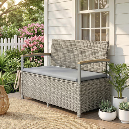 2-Seater Rattan Outdoor Storage Bench, 170 L Trunk, Washable Cushion, Backrest & Acacia Wood Arms, Gas-Assisted Lid — Light Gray