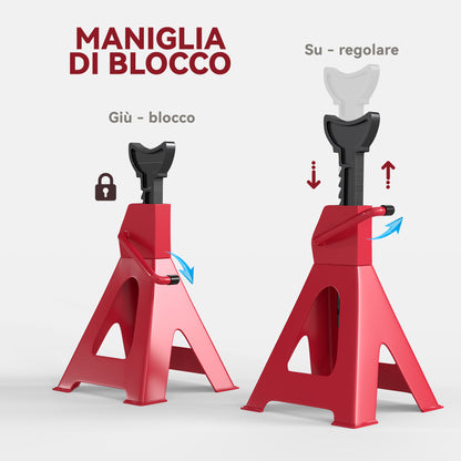 Set of 2 Car Stands 3T, Pair of Support Stands with Adjustable Lifting Height from 38.5-60 cm, in Carbon Steel and Cast Iron, Red and Black