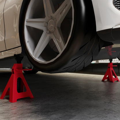 Set of 2 Car Stands 3T, Pair of Support Stands with Adjustable Lifting Height from 38.5-60 cm, in Carbon Steel and Cast Iron, Red and Black