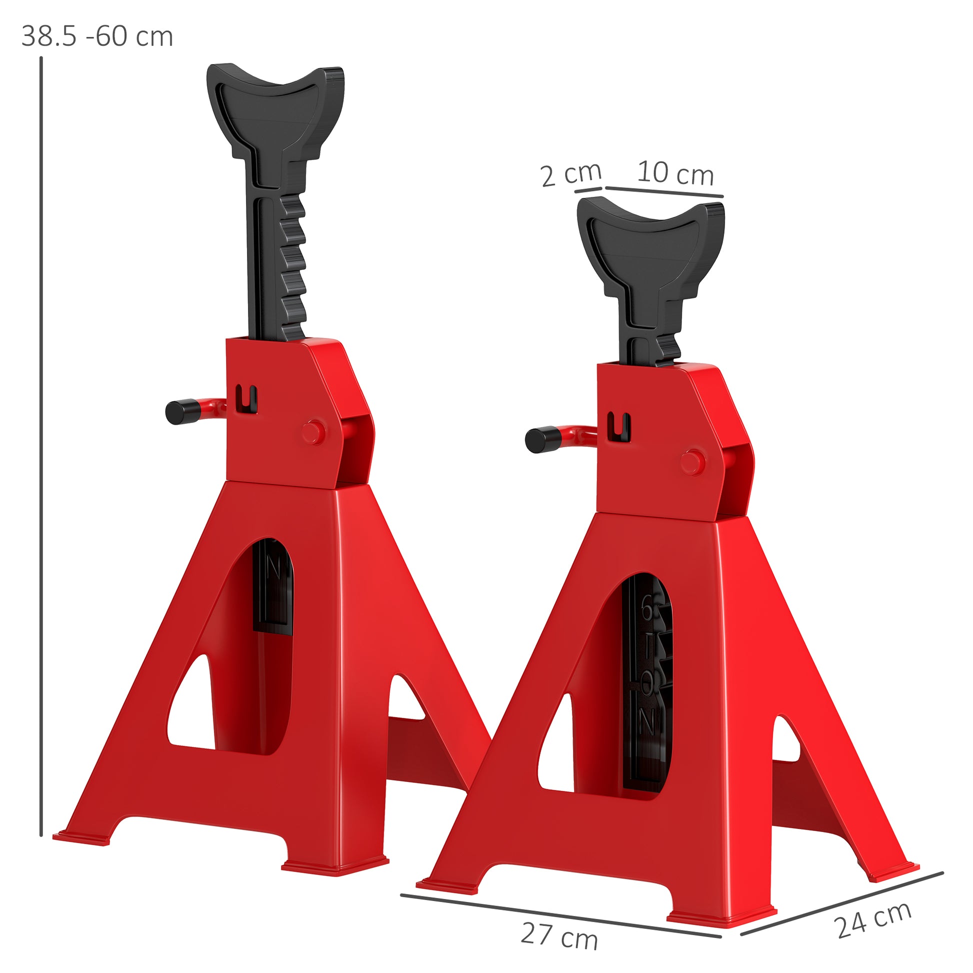 Set of 2 Car Stands 3T, Pair of Support Stands with Adjustable Lifting Height from 38.5-60 cm, in Carbon Steel and Cast Iron, Red and Black