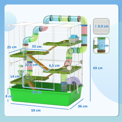Large hamster cage rodent cage 5 levels with tunnels, water bottle, wheel, house, ladders, dim. 59L x 36W x 69H cm