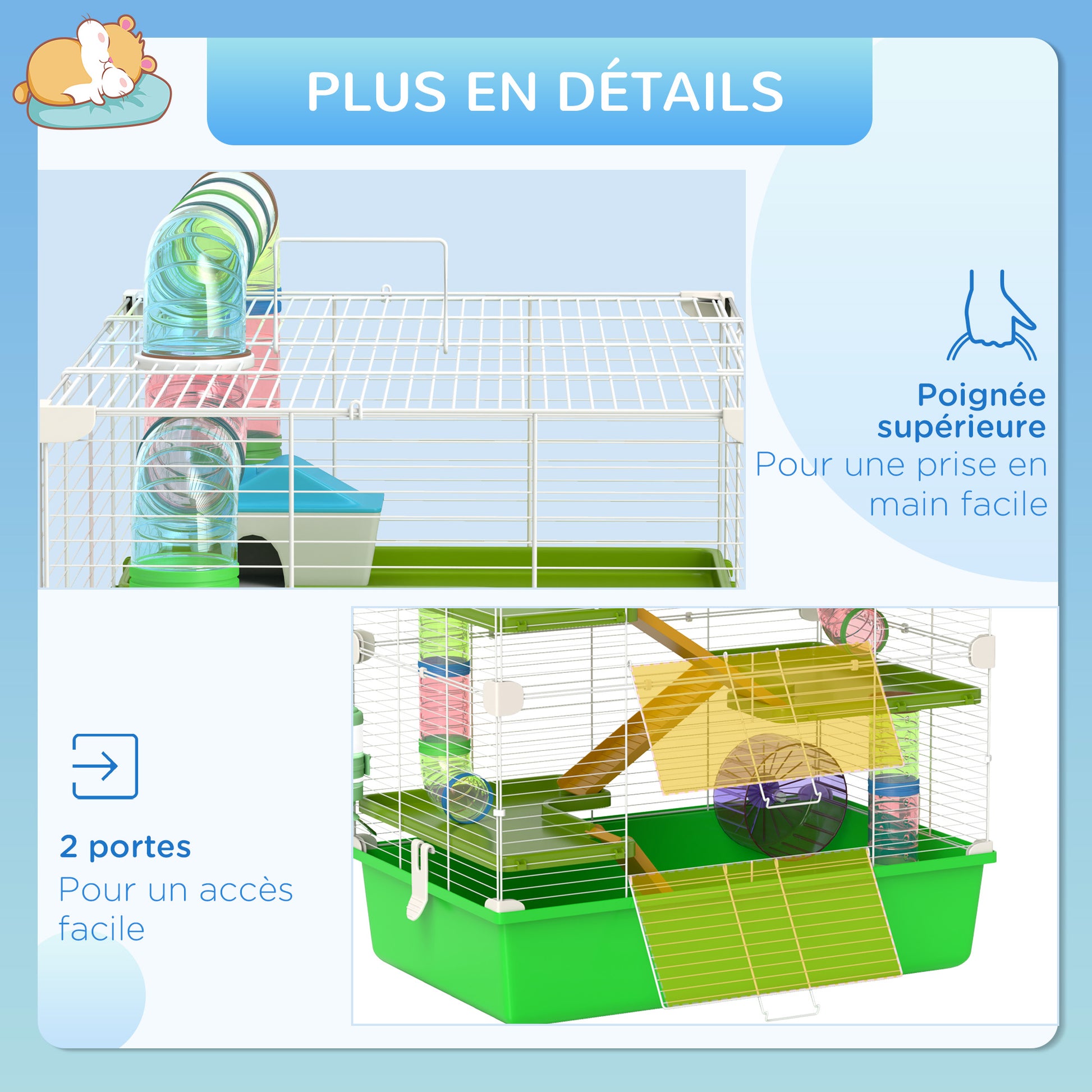 Large hamster cage rodent cage 5 levels with tunnels, water bottle, wheel, house, ladders, dim. 59L x 36W x 69H cm
