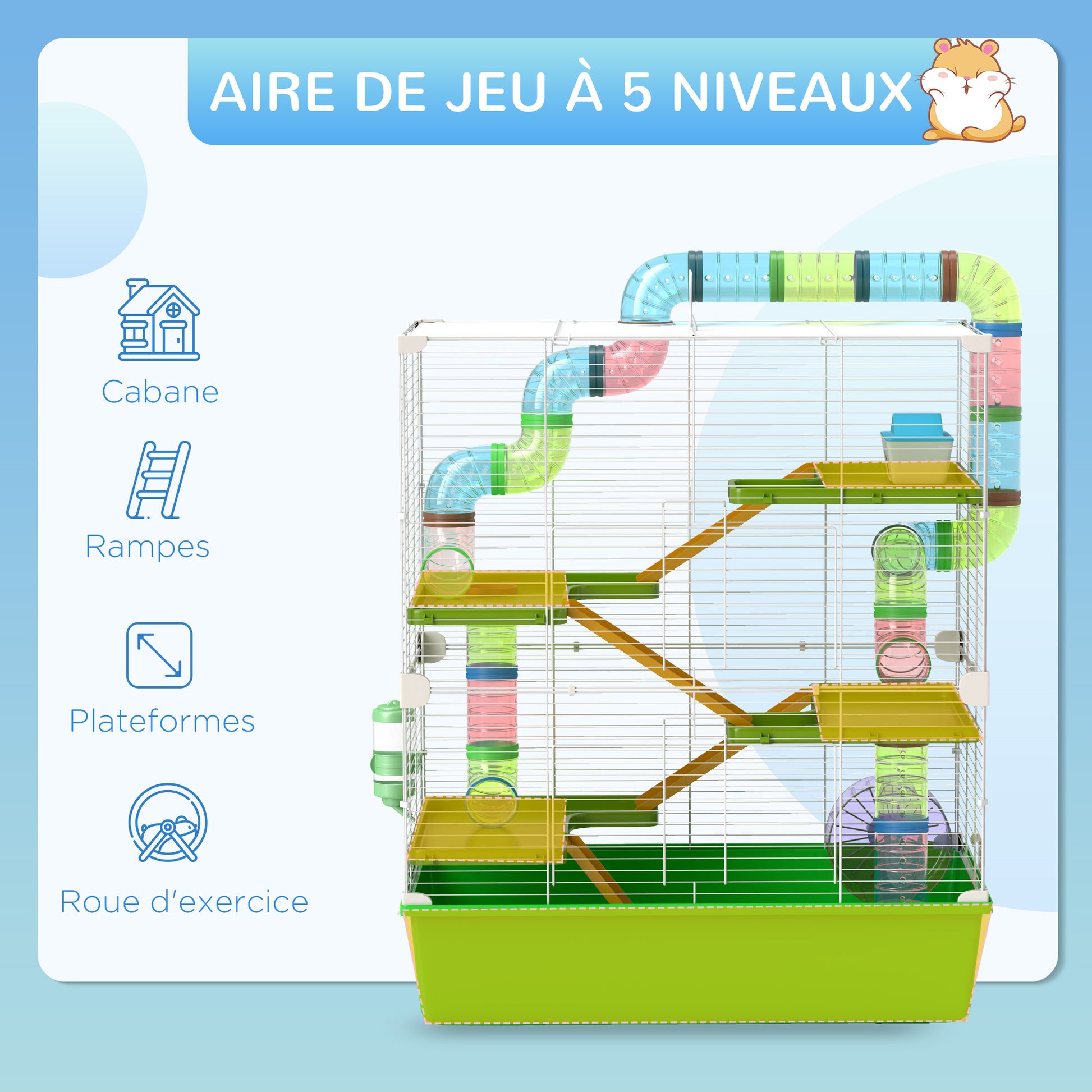 Large hamster cage rodent cage 5 levels with tunnels, water bottle, wheel, house, ladders, dim. 59L x 36W x 69H cm