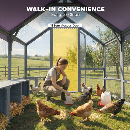 Walk-In Chicken Run — approx. 43 sq ft (4 m²), Weatherproof Cover, 2 Nest Boxes & 2 Perches, Safety Lock — Fits 8–10 Hens, Dark Gray