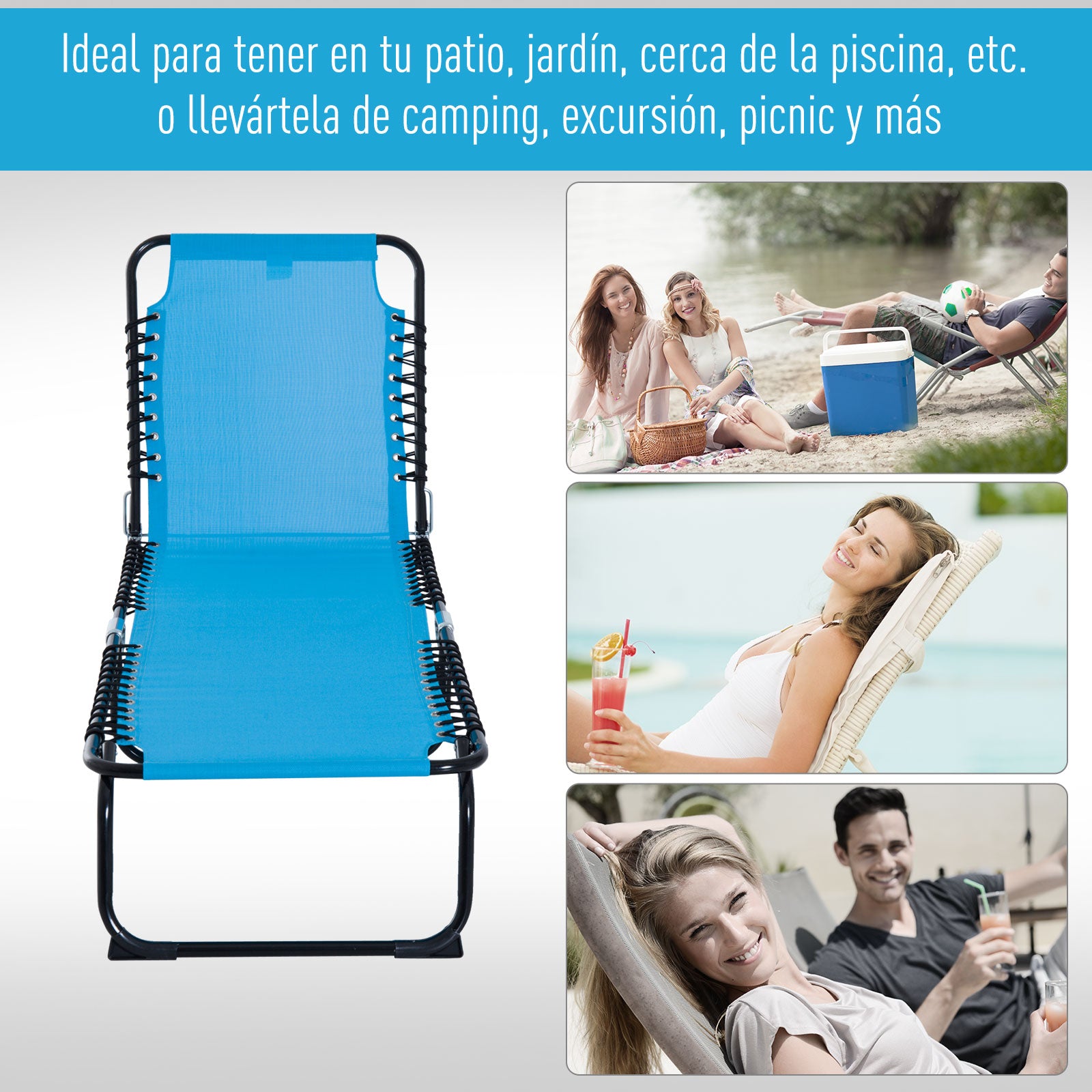 Folding and Adjustable Sun Lounger with 4 Positions Reclining Garden Chair with Bungee Cord System for Outdoor Steel Frame 189x58x30 cm Light Blue