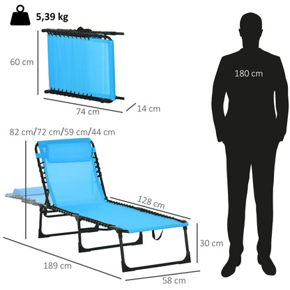 Folding and Adjustable Sun Lounger with 4 Positions Reclining Garden Chair with Bungee Cord System for Outdoor Steel Frame 189x58x30 cm Light Blue