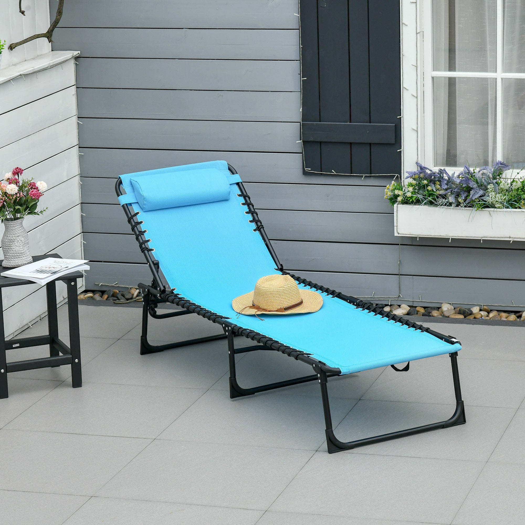 Folding and Adjustable Sun Lounger with 4 Positions Reclining Garden Chair with Bungee Cord System for Outdoor Steel Frame 189x58x30 cm Light Blue